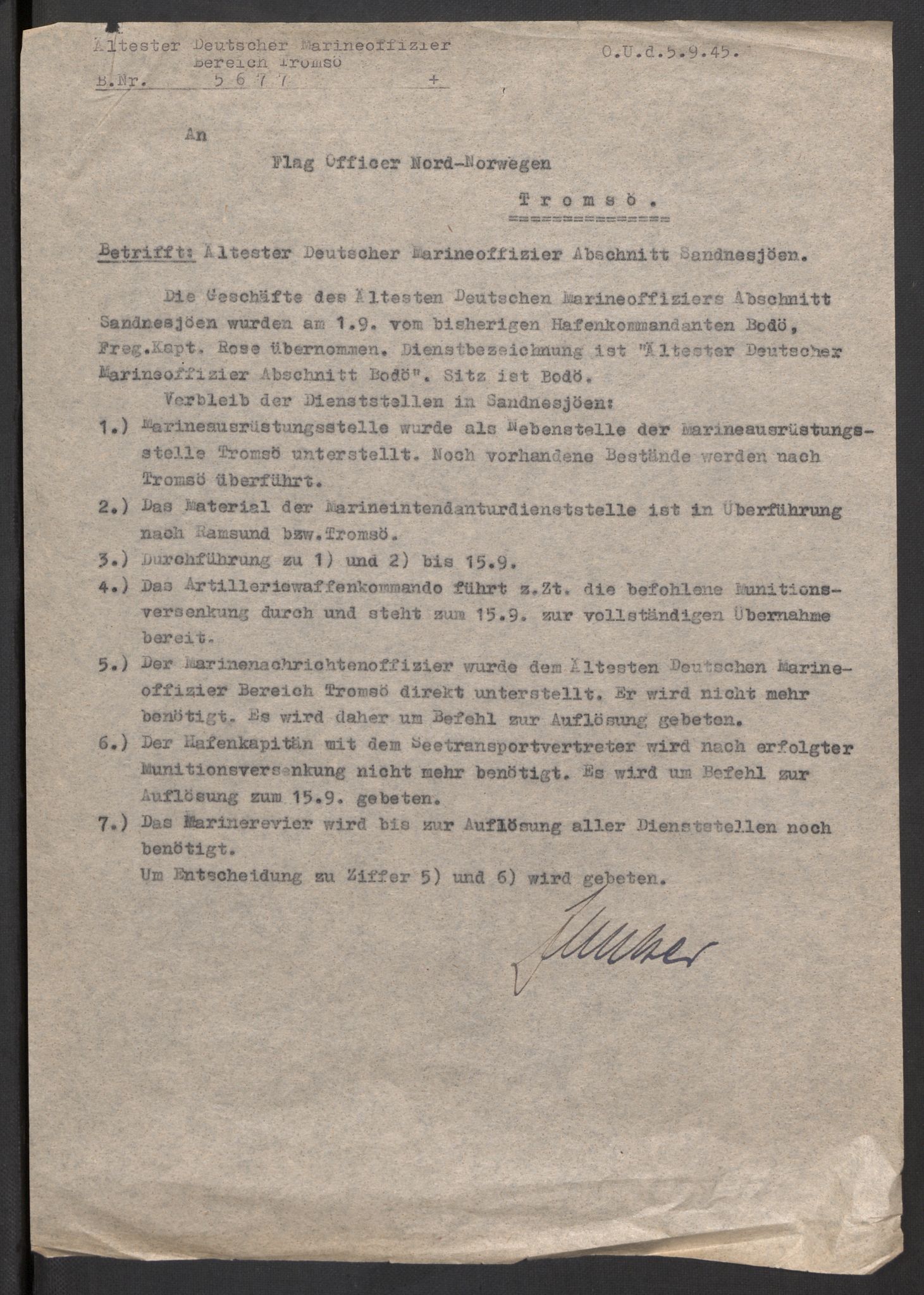 Deutscher Oberbefehlshaber Norwegen (DOBN), AV/RA-RAFA-2197/D/Dob/L0265/0001: ADMO Bereich Tromsø / D. Gliederung der Berriche der 4 Seekommandanten der Admiral norwegische Polarküste. Dienststellen im Bereich. FII, 1945