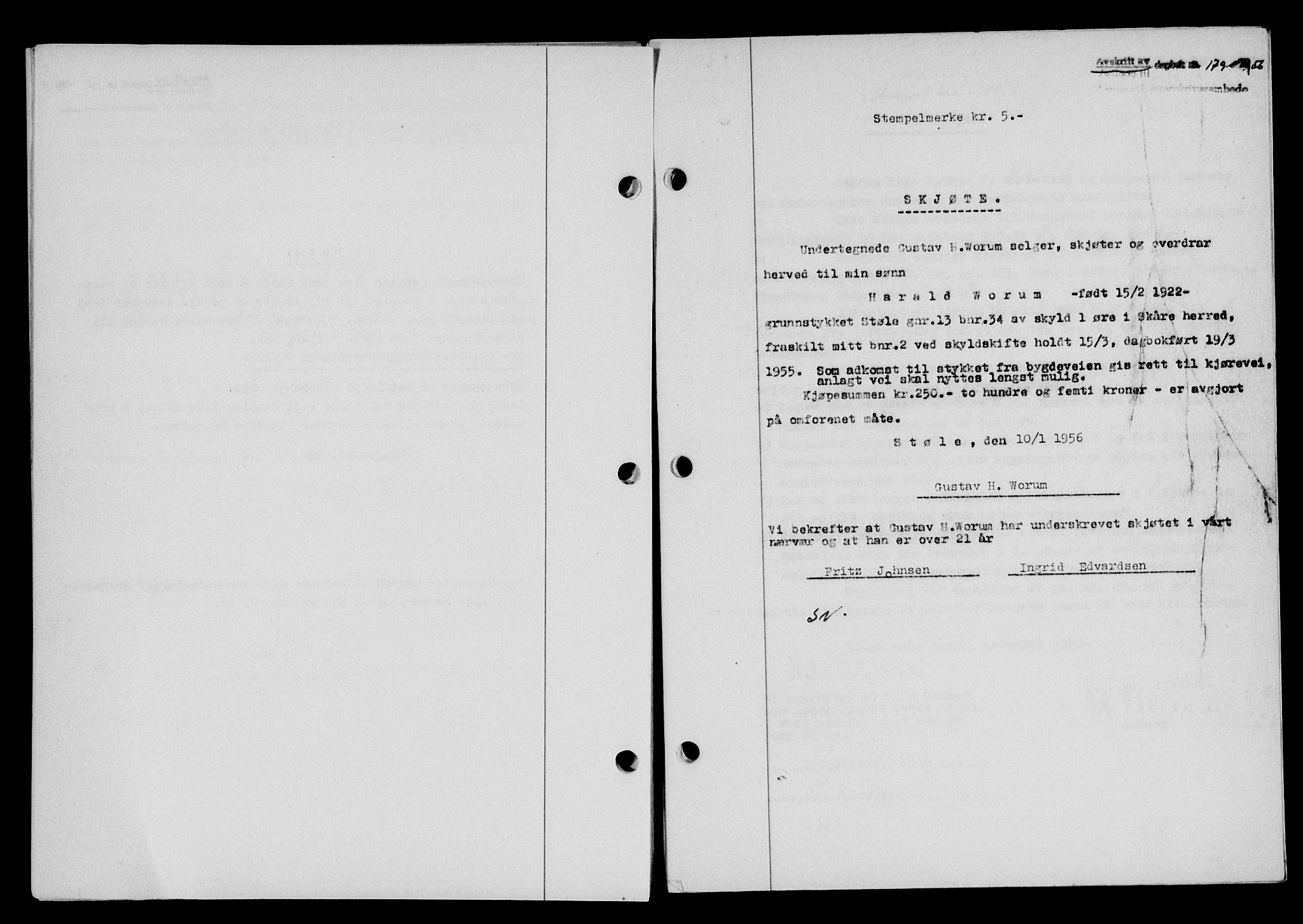 Karmsund sorenskriveri, SAST/A-100311/01/II/IIB/L0118: Pantebok nr. 98A, 1955-1956, Dagboknr: 179/1956