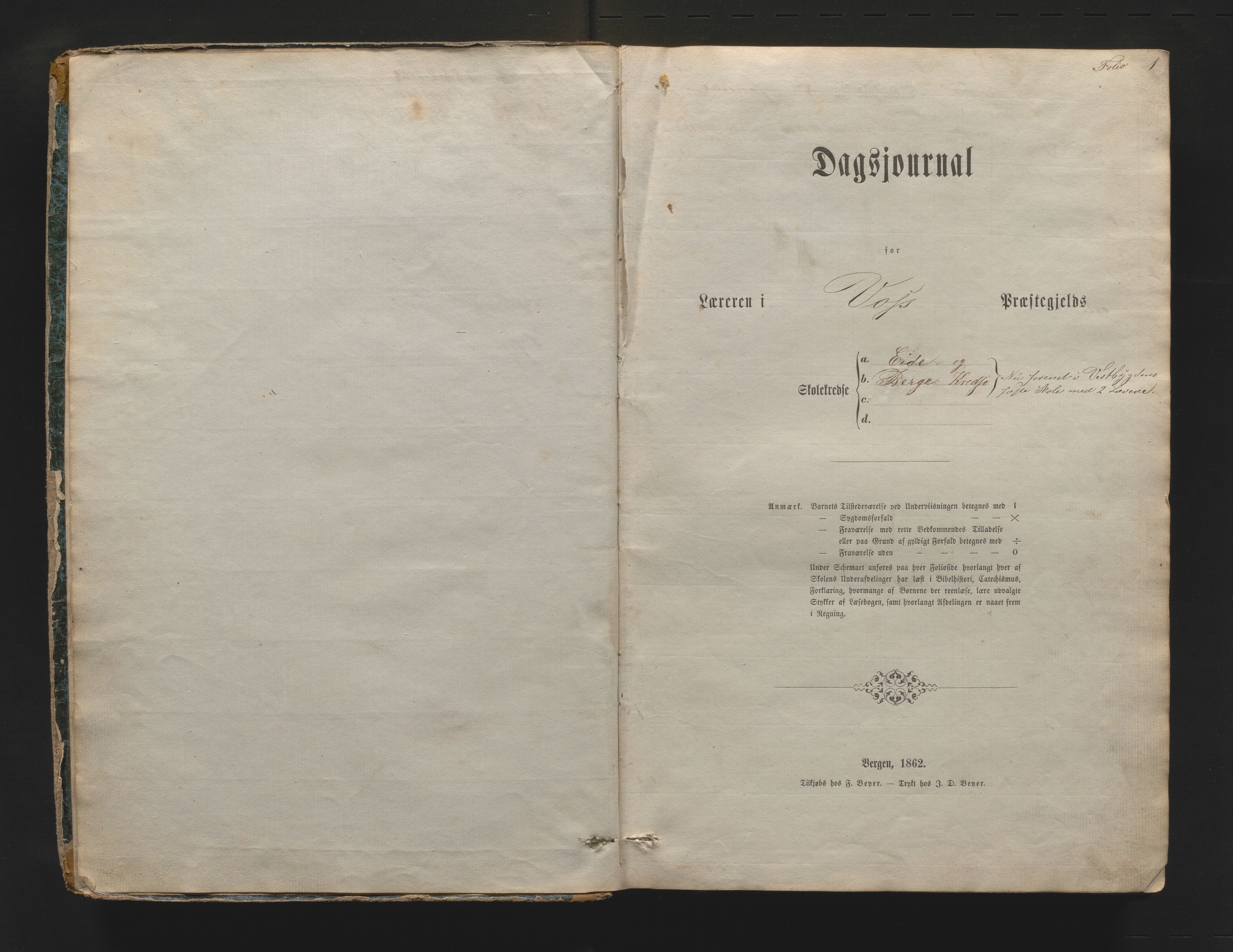 Voss kommune. Barneskulane, IKAH/1235-231/G/Ga/L0001: Dagsjournal m/karakterar Seim, Eide, Berge, Vestbygda krinsar, 1863-1887