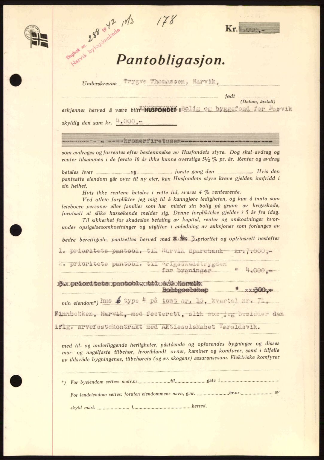 Narvik sorenskriveri, SAT/A-0002/1/2/2C/2Ca: Pantebok nr. A19, 1942-1943, Dagboknr: 288/1942