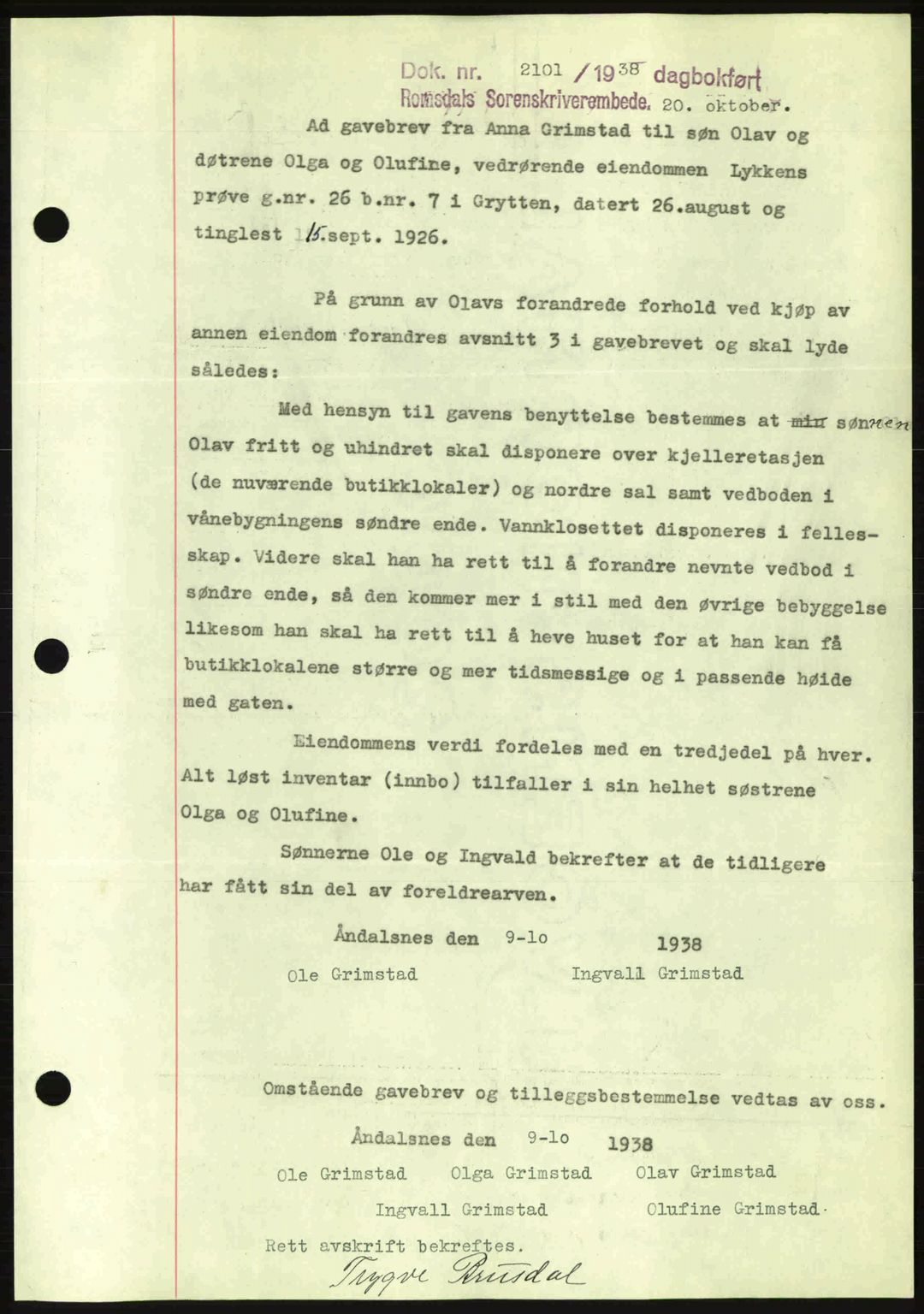Romsdal sorenskriveri, SAT/A-4149/1/2/2C: Pantebok nr. A5, 1938-1938, Dagboknr: 2101/1938