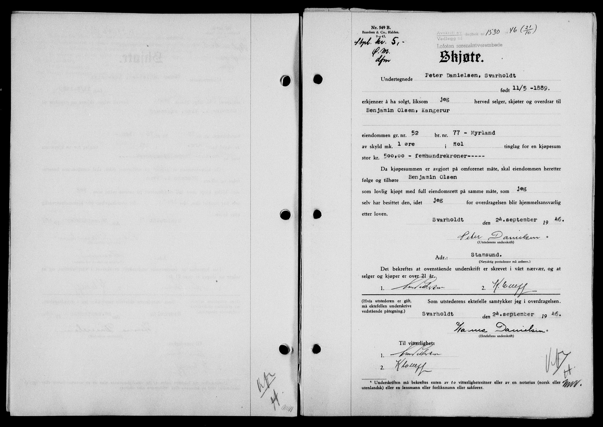 Lofoten sorenskriveri, SAT/A-0017/1/2/2C/L0014a: Pantebok nr. 14a, 1946-1946, Dagboknr: 1530/1946