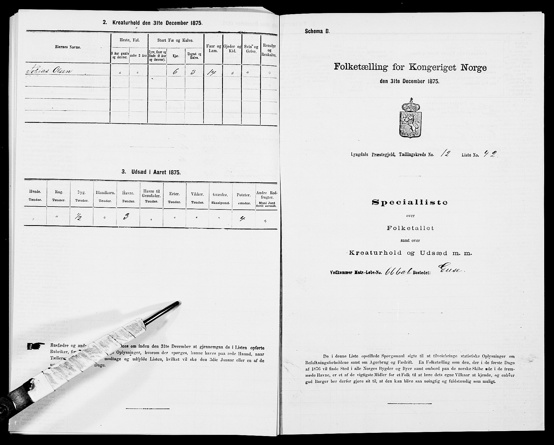 SAK, Folketelling 1875 for 1032P Lyngdal prestegjeld, 1875, s. 1943