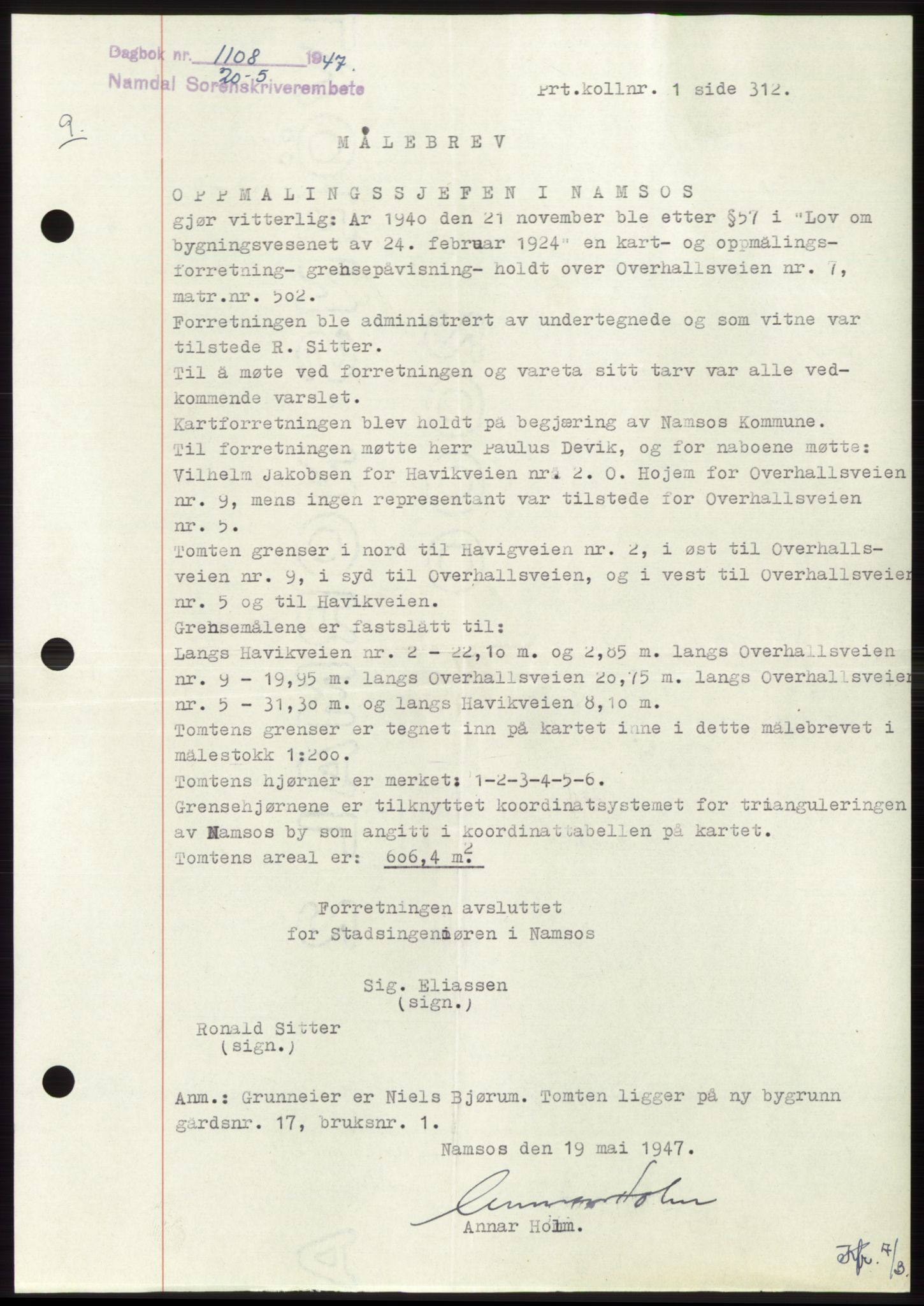 Namdal sorenskriveri, SAT/A-4133/1/2/2C: Pantebok nr. -, 1947-1947, Dagboknr: 1108/1947