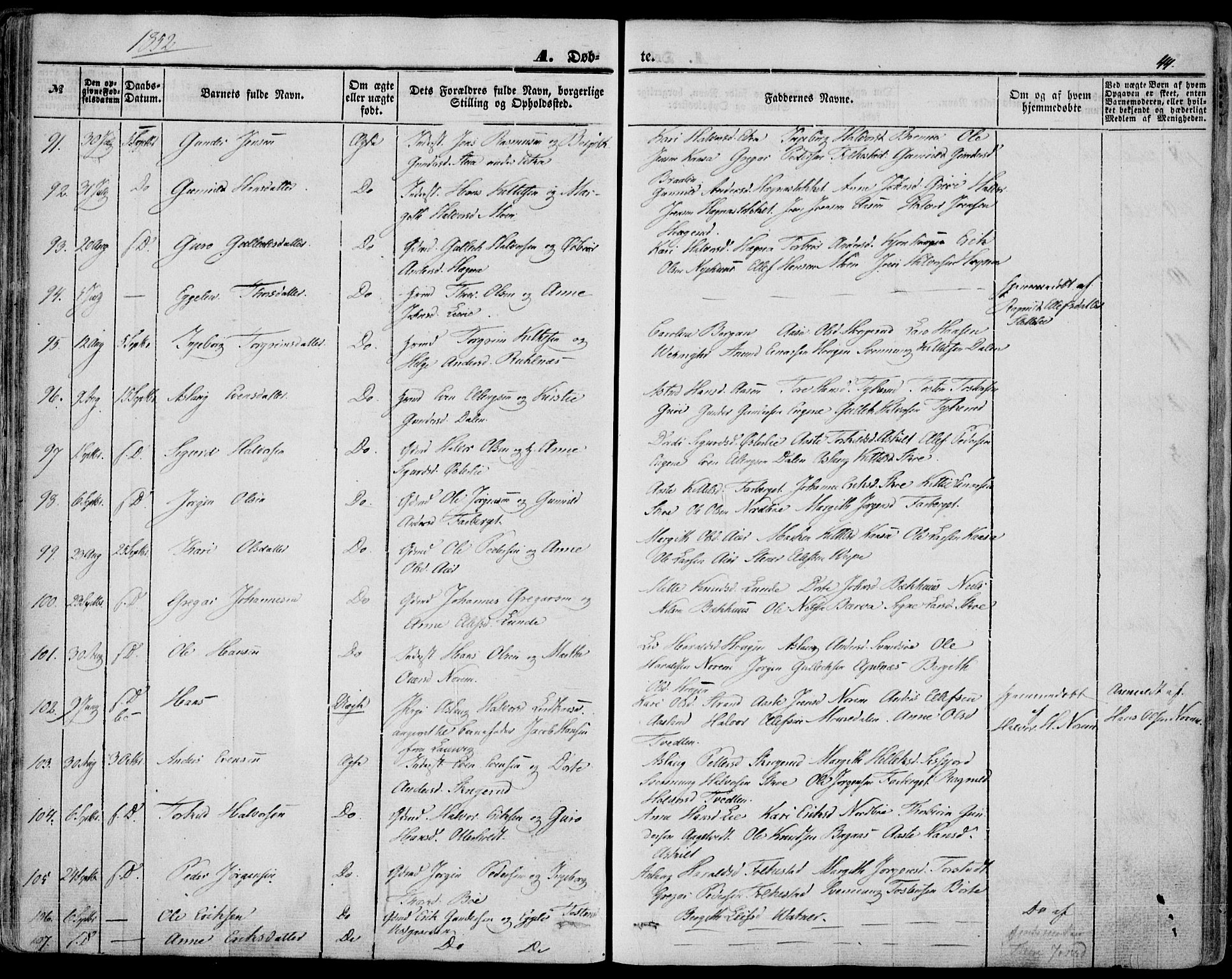 Bø kirkebøker, AV/SAKO-A-257/F/Fa/L0008: Ministerialbok nr. 8, 1849-1861, s. 44