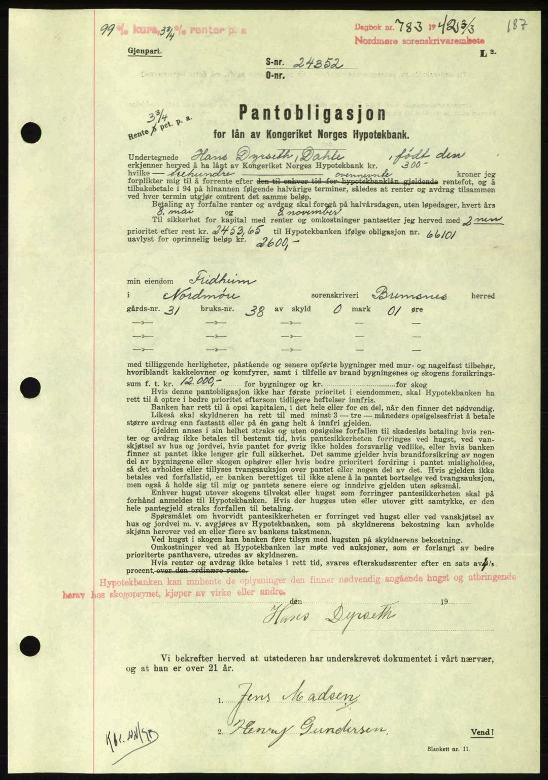 Nordmøre sorenskriveri, AV/SAT-A-4132/1/2/2Ca: Pantebok nr. B89, 1942-1942, Dagboknr: 783/1942