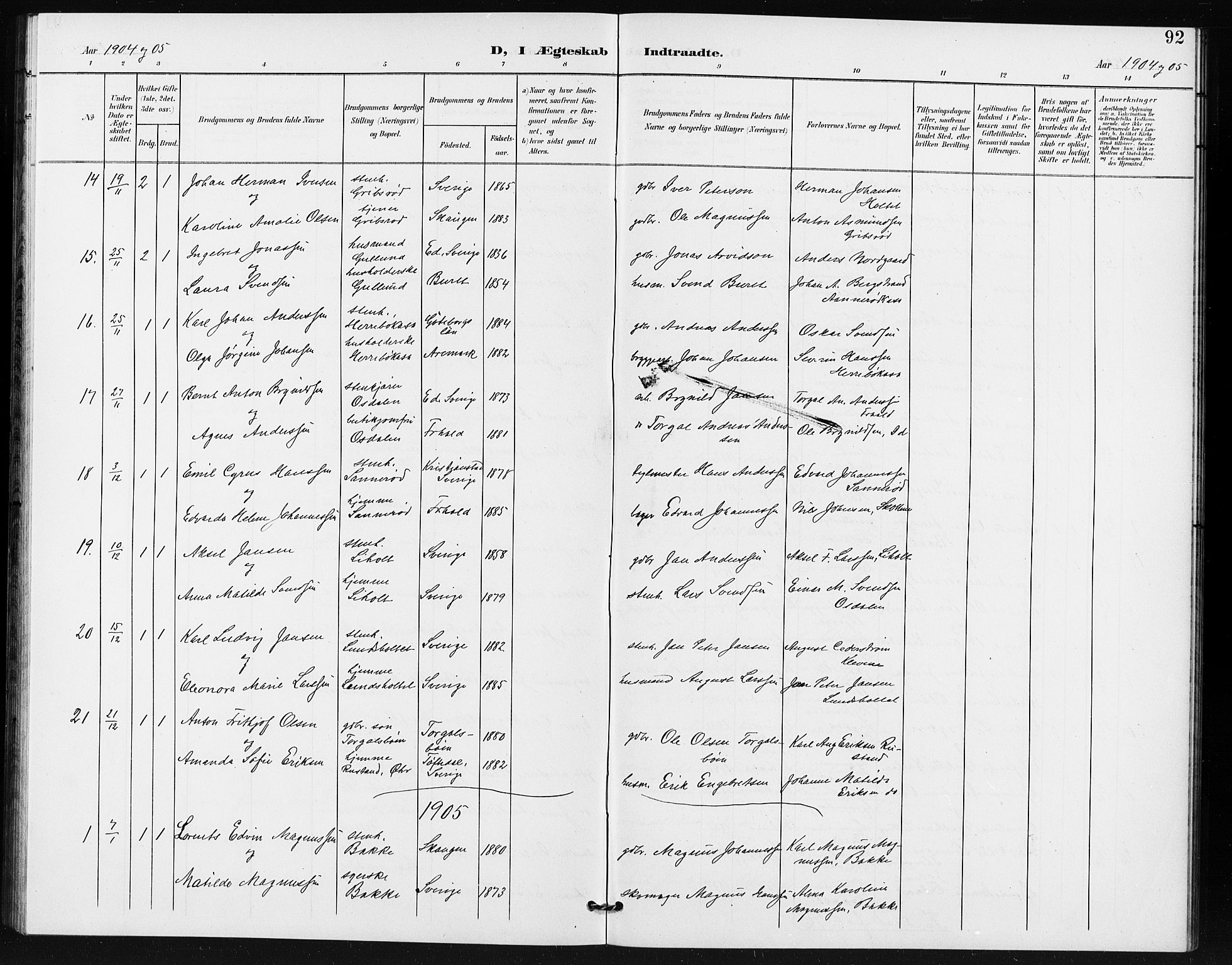 Idd prestekontor Kirkebøker, AV/SAO-A-10911/G/Gb/L0001: Klokkerbok nr. II 1, 1901-1907, s. 92