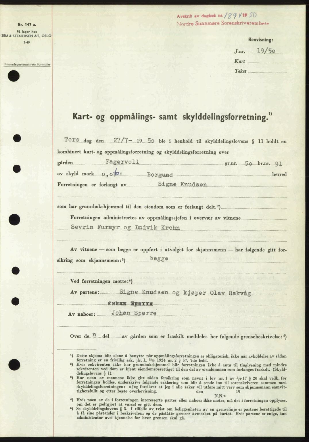 Nordre Sunnmøre sorenskriveri, SAT/A-0006/1/2/2C/2Ca: Pantebok nr. A35, 1950-1950, Dagboknr: 1894/1950