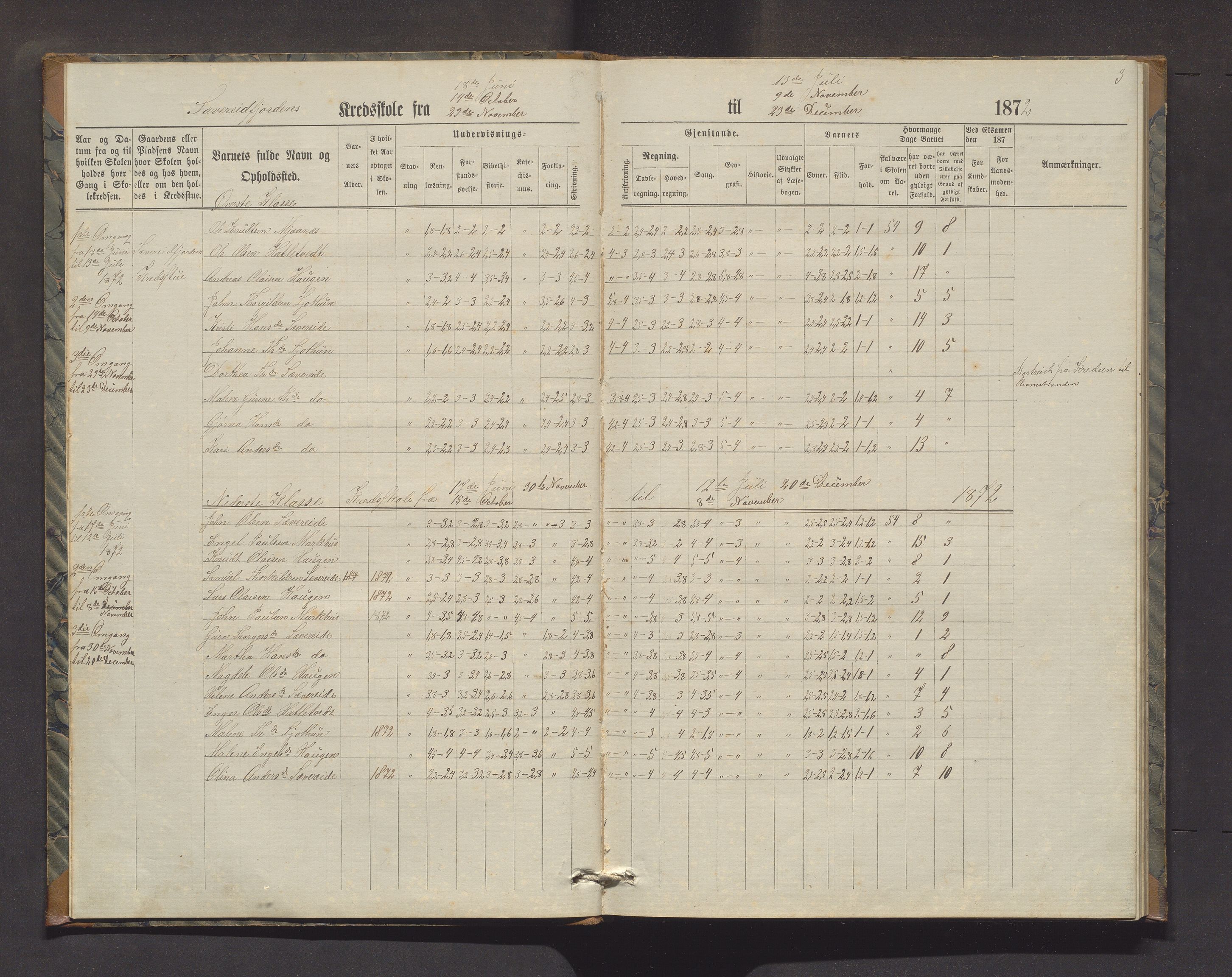 Strandvik kommune. Barneskulane, IKAH/1240-231/F/Fa/L0007: Skuleprotokoll for Sævareidfjorden og Næsset krinsar i Fusa prestegjeld, 1872-1884