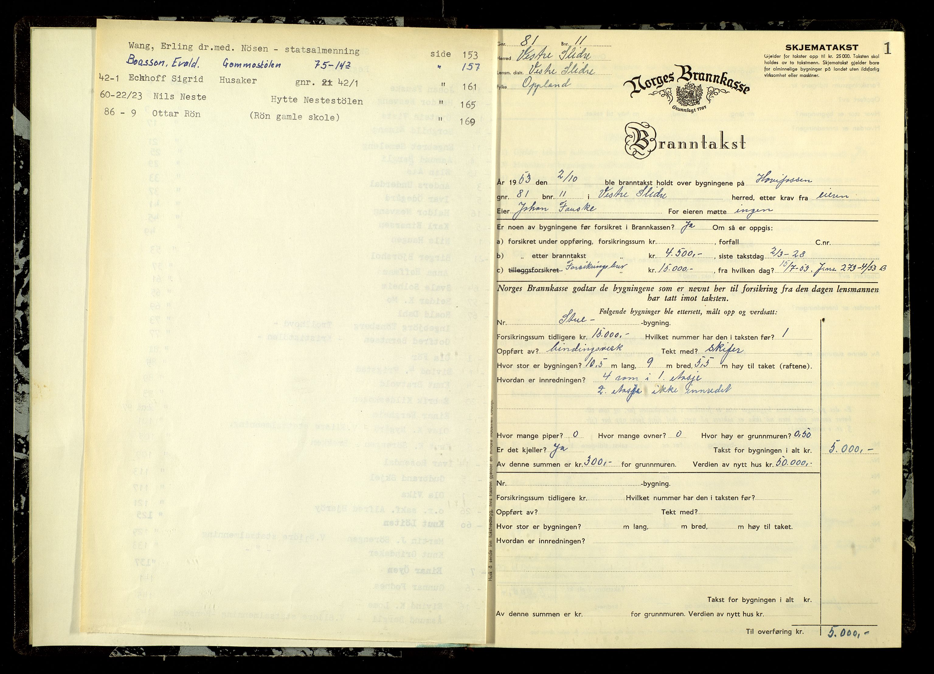 Norges Brannkasse, Vestre Slidre, AV/SAH-NBRANS-057/F/L0007: Branntakstprotokoll, 1953-1955