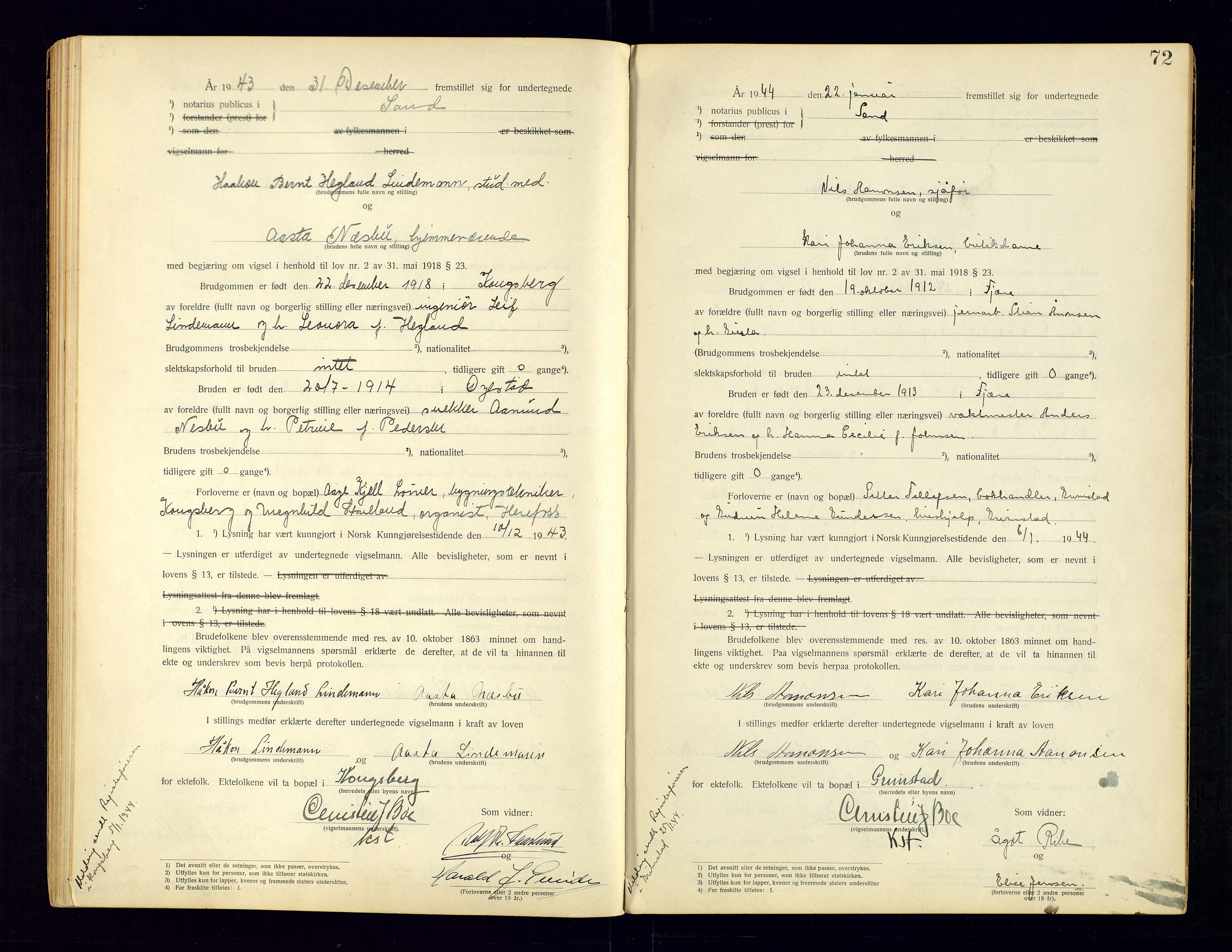 Sand sorenskriveri - 2, AV/SAK-1221-0110/I/Ib/L0532/0003: Lysning og vigsel / Vigselbok for Grimstad, 1920-1944, s. 72