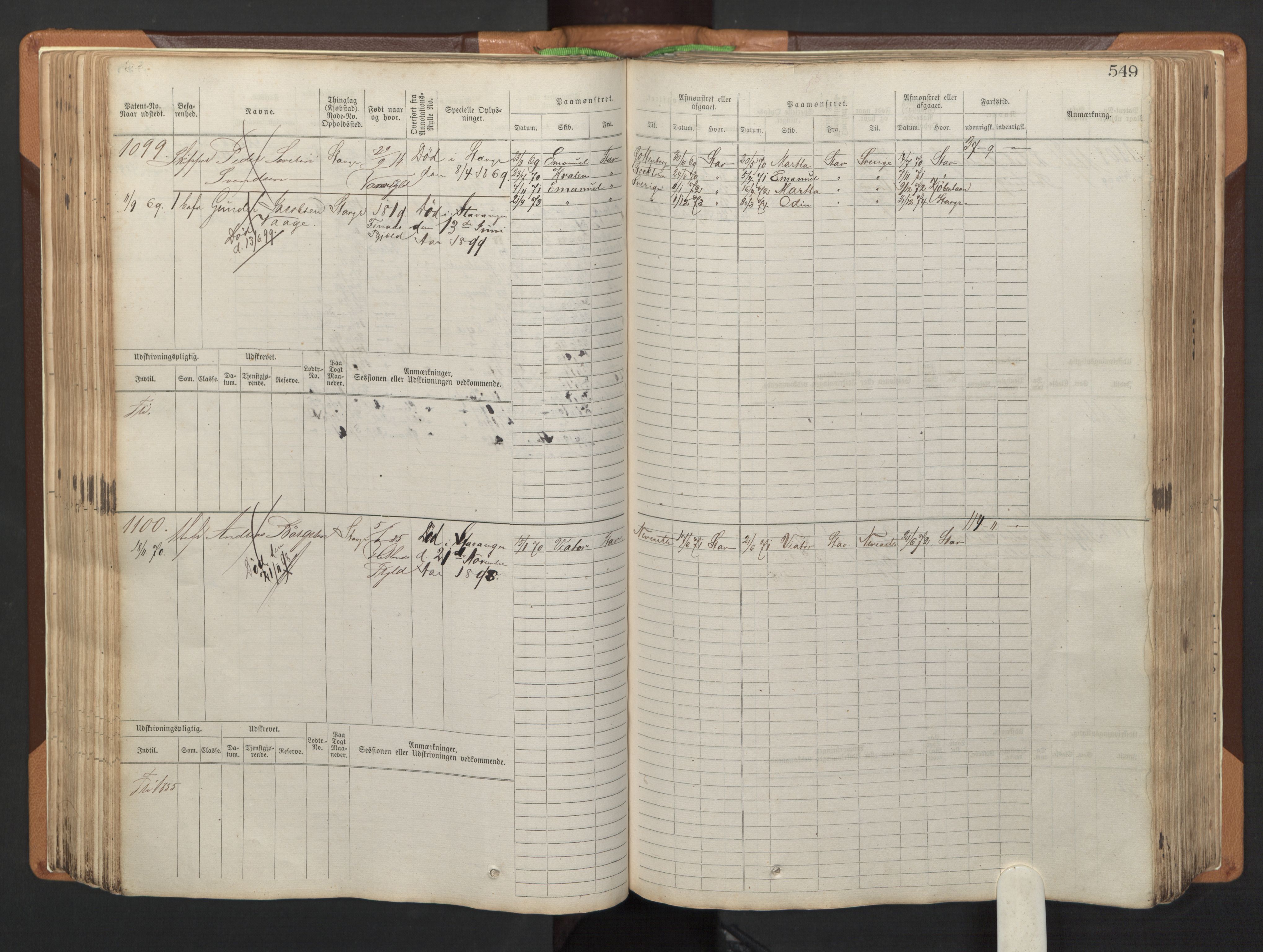 Stavanger sjømannskontor, AV/SAST-A-102006/F/Fb/Fbb/L0005: Sjøfartshovedrulle, patentnr. 793-1606 (del 2), 1869-1880, s. 159