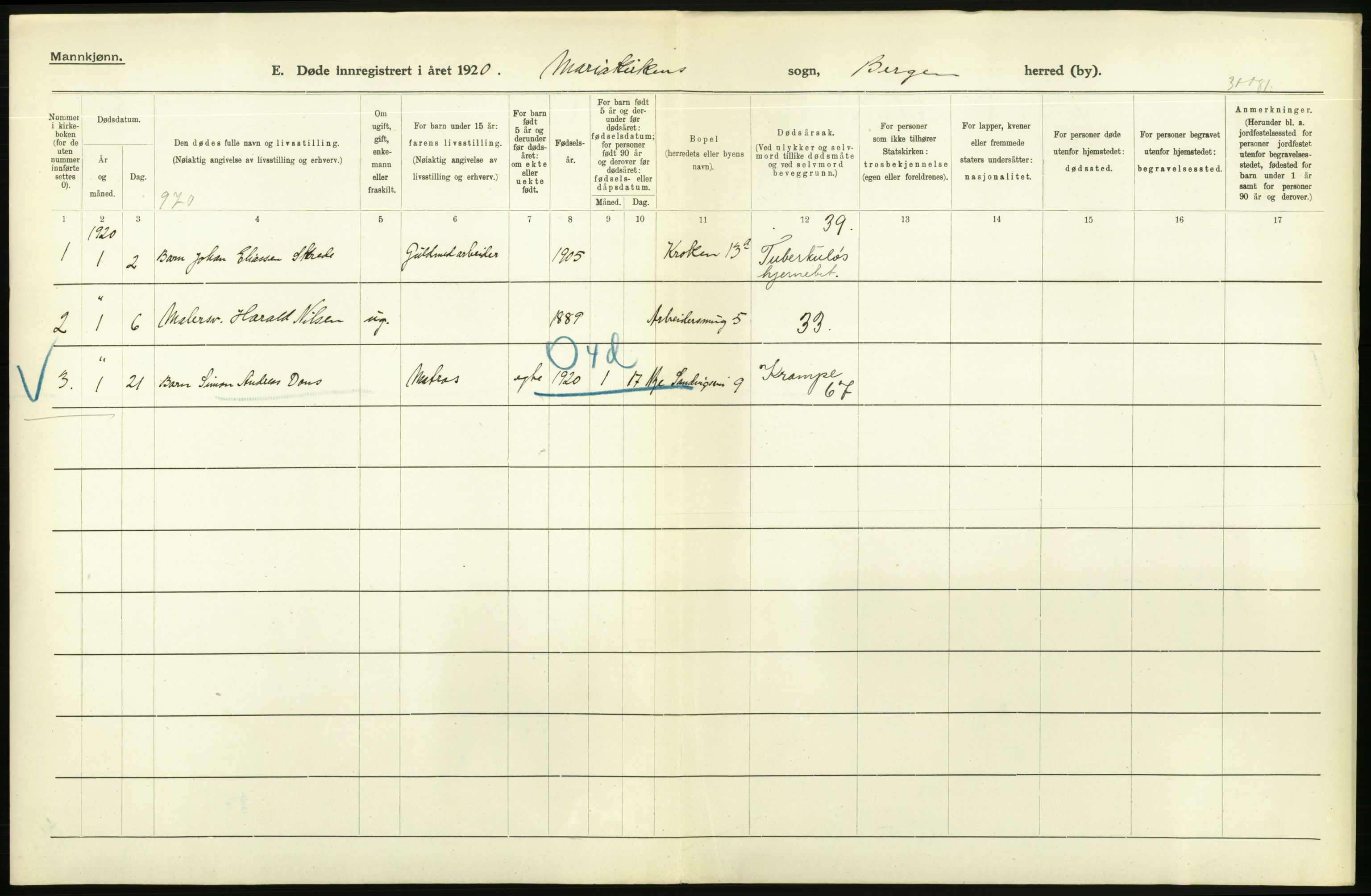 Statistisk sentralbyrå, Sosiodemografiske emner, Befolkning, AV/RA-S-2228/D/Df/Dfb/Dfbj/L0042: Bergen: Gifte, døde, dødfødte., 1920, s. 510