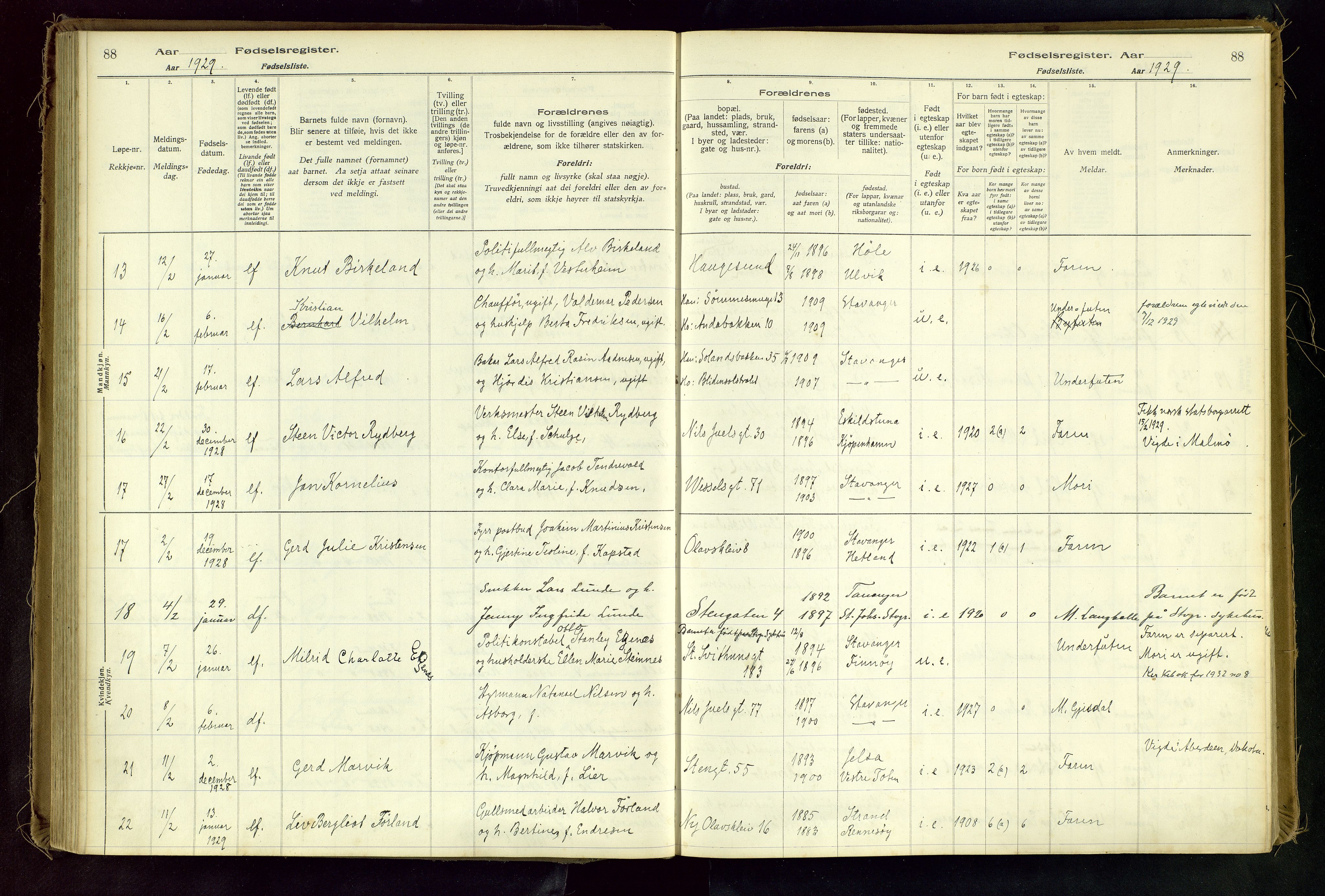 Domkirken sokneprestkontor, AV/SAST-A-101812/002/A/L0001: Fødselsregister nr. 1, 1925-1932, s. 88