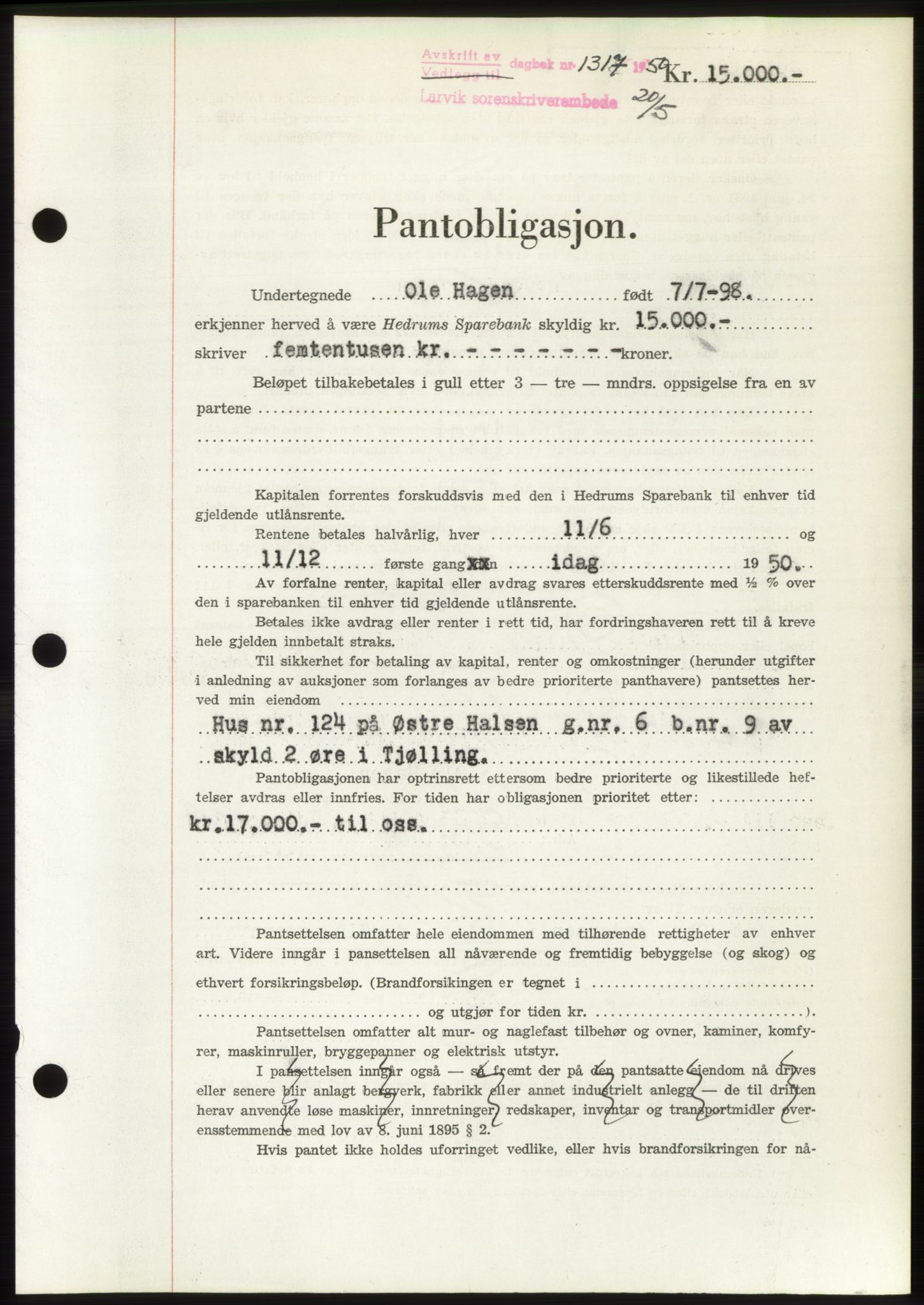 Larvik sorenskriveri, AV/SAKO-A-83/G/Ga/Gac/L0018: Pantebok nr. B-18, 1950-1950, Dagboknr: 1317/1950