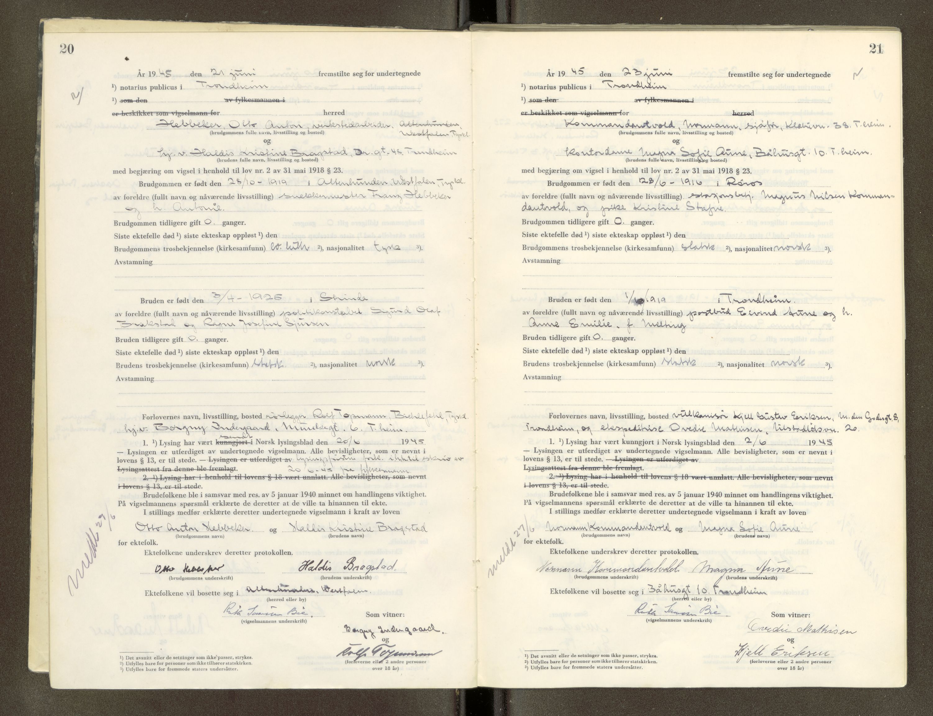 Trondheim byfogd, AV/SAT-A-0003/1/6/6D/L0005: Vigselbøker, 1944-1948, s. 20-21