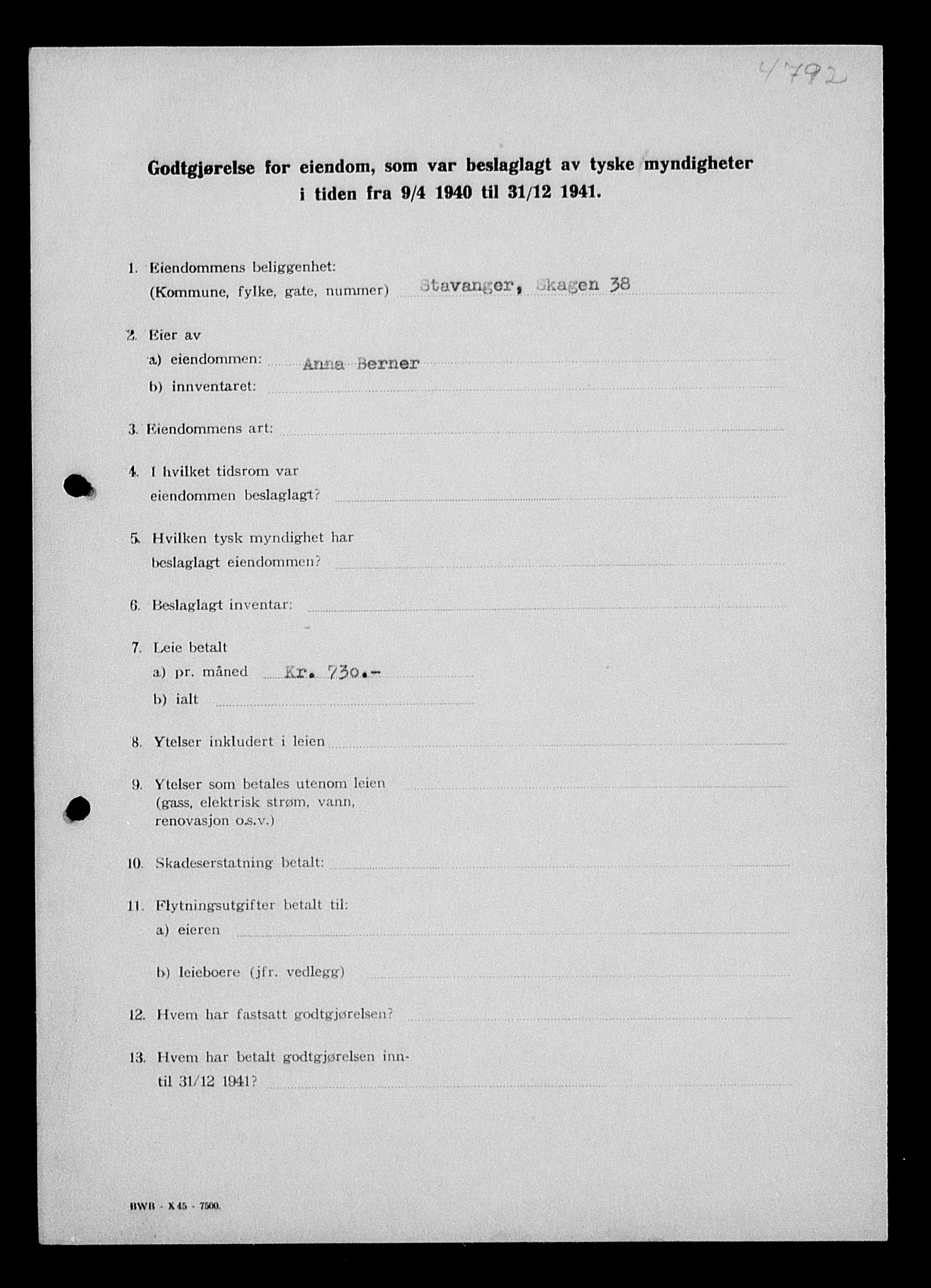 Justisdepartementet, Tilbakeføringskontoret for inndratte formuer, AV/RA-S-1564/I/L1014: Godtgjørelse for beslaglagt eiendom, 1940-1941, s. 13