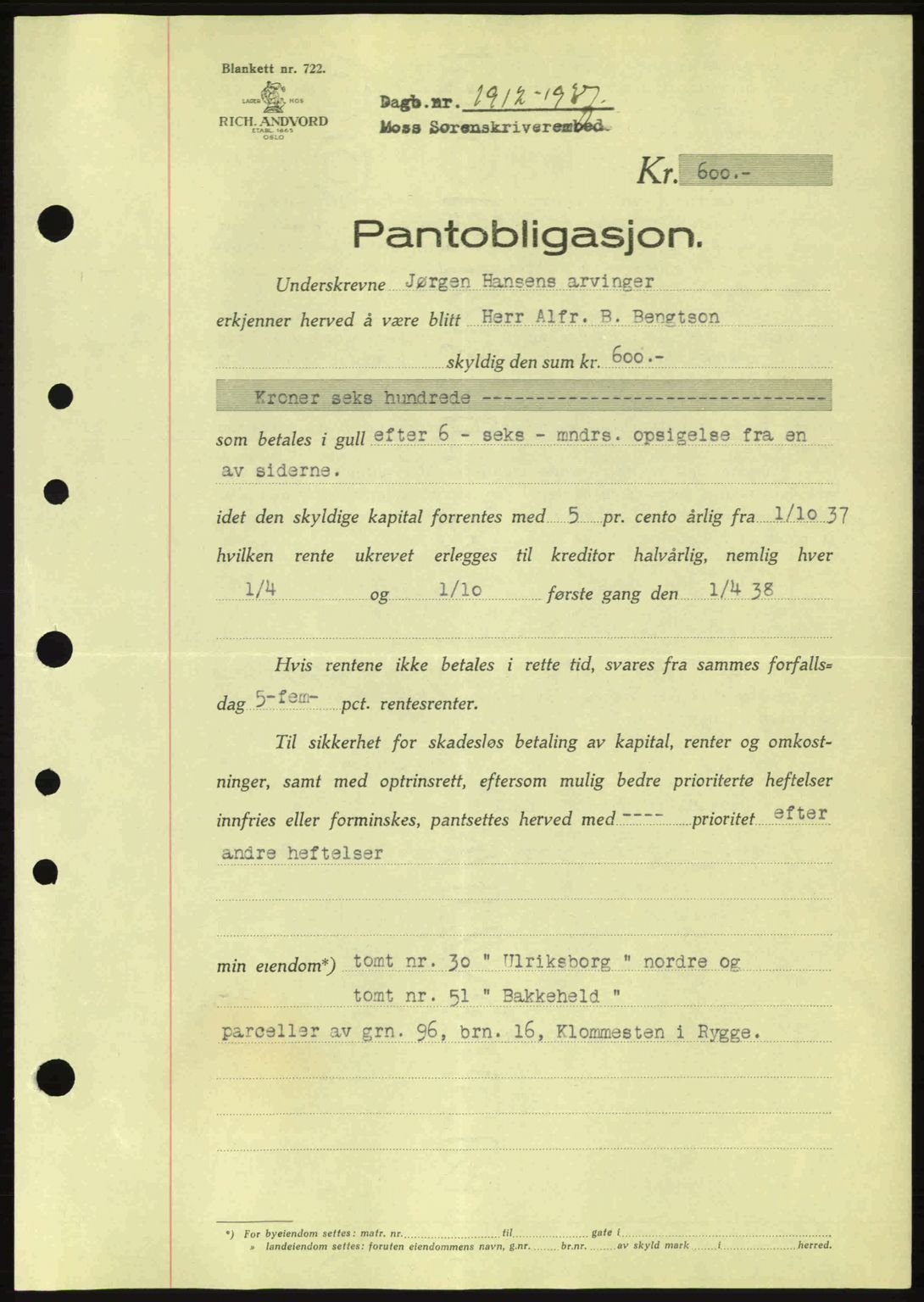 Moss sorenskriveri, SAO/A-10168: Pantebok nr. B4, 1937-1938, Dagboknr: 1912/1937
