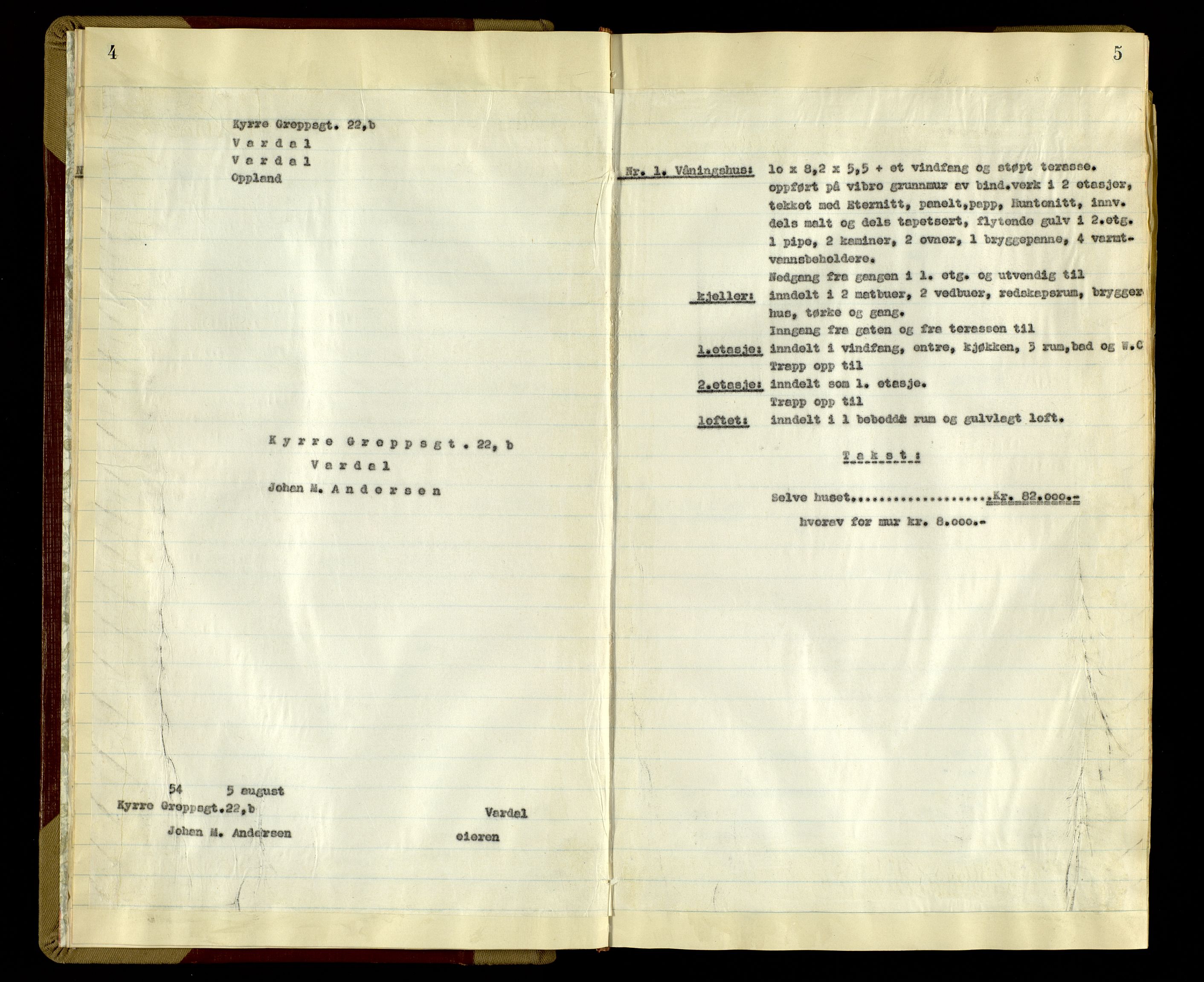 Norges Brannkasse, Vardal, SAH/NBRANV-044/F/L0005: Branntakstprotokoll, 1954-1955, s. 4-5