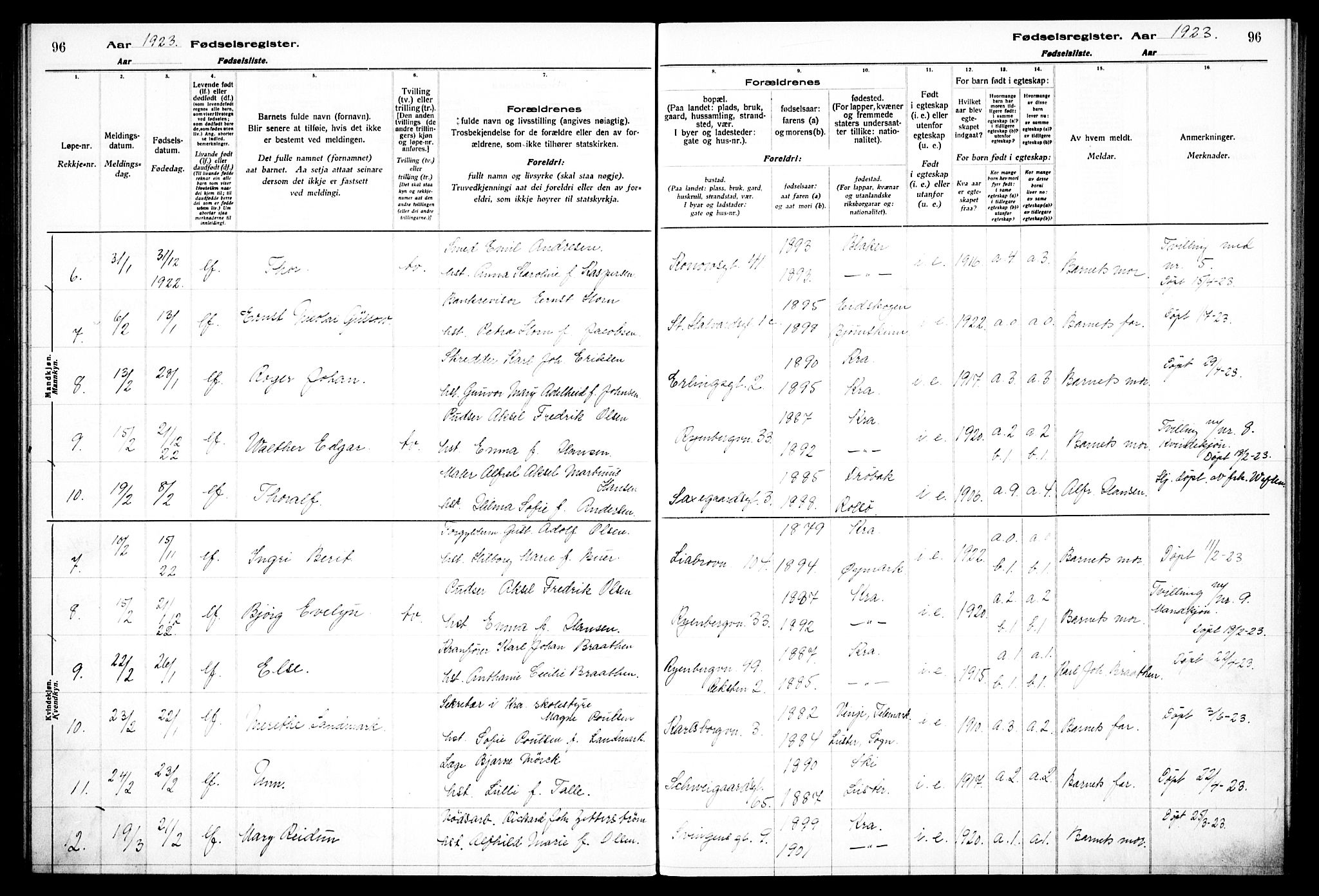 Gamlebyen prestekontor Kirkebøker, AV/SAO-A-10884/J/Ja/L0001: Fødselsregister nr. 1, 1916-1936, s. 96