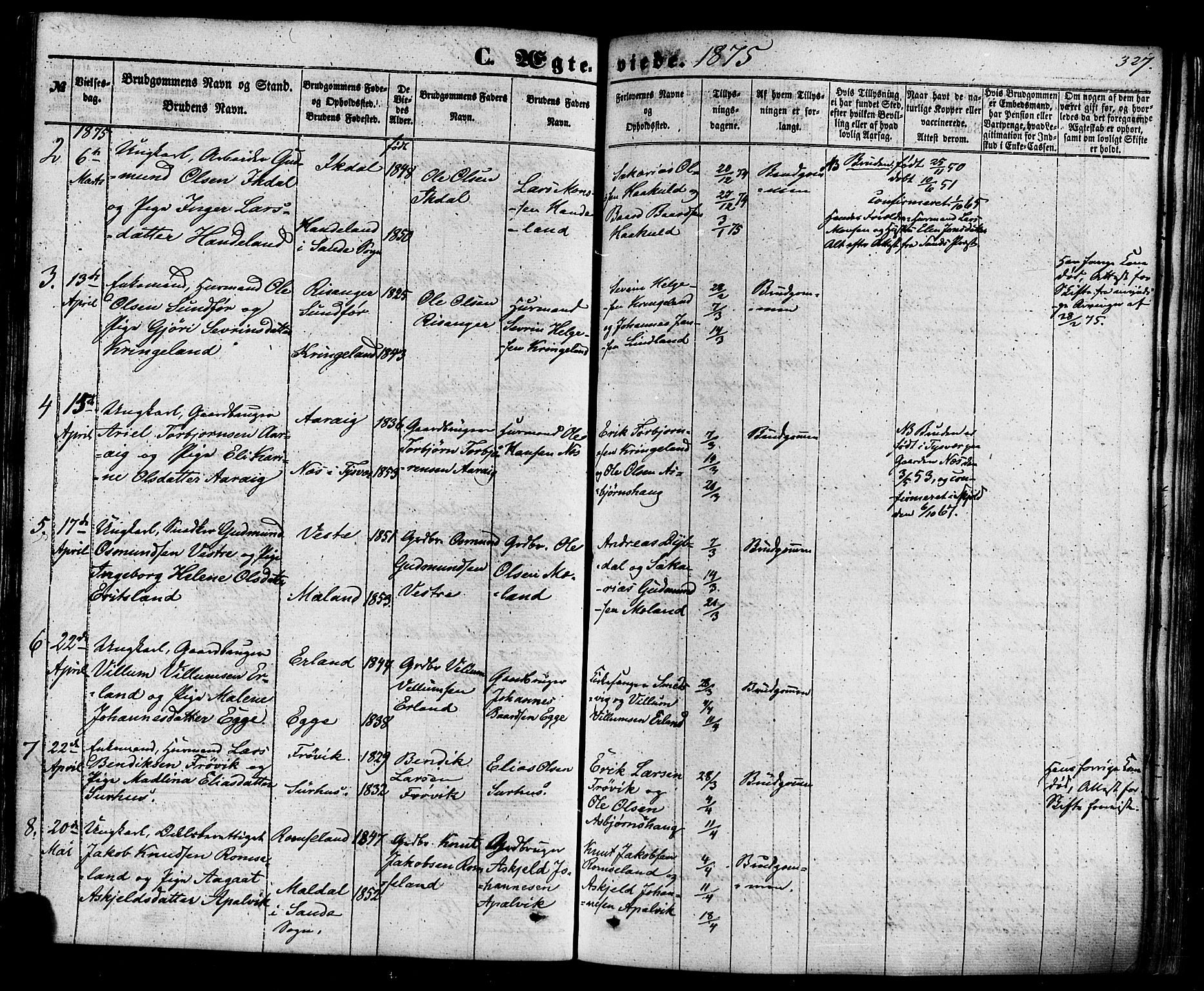 Skjold sokneprestkontor, AV/SAST-A-101847/H/Ha/Haa/L0008: Ministerialbok nr. A 8, 1856-1882, s. 327