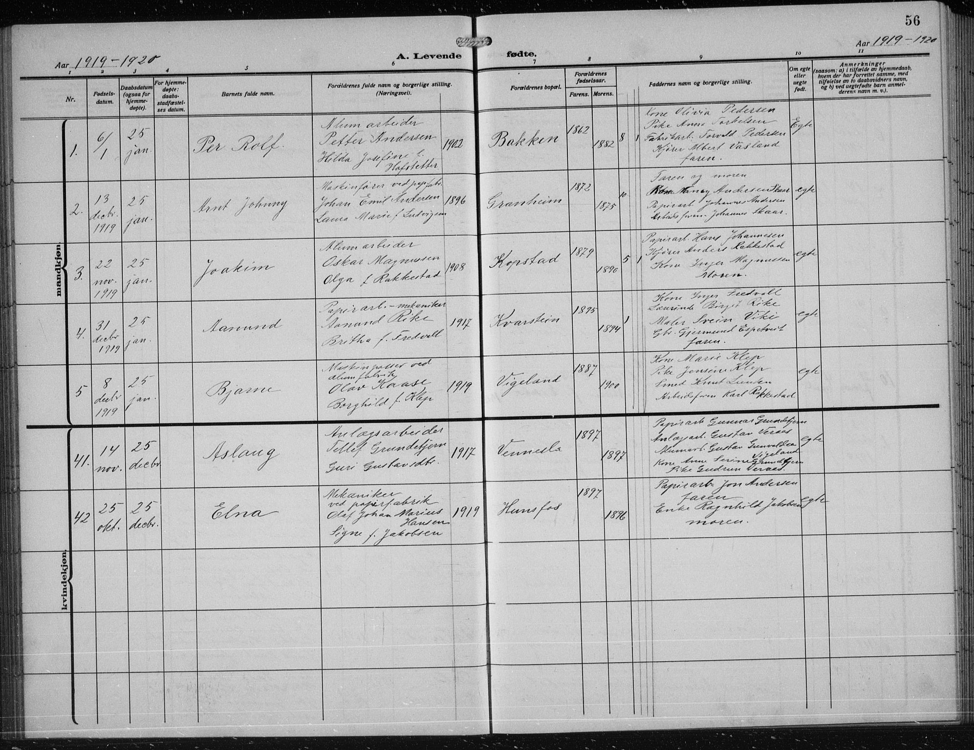 Vennesla sokneprestkontor, SAK/1111-0045/Fb/Fbb/L0006: Klokkerbok nr. B 6, 1914-1921, s. 56