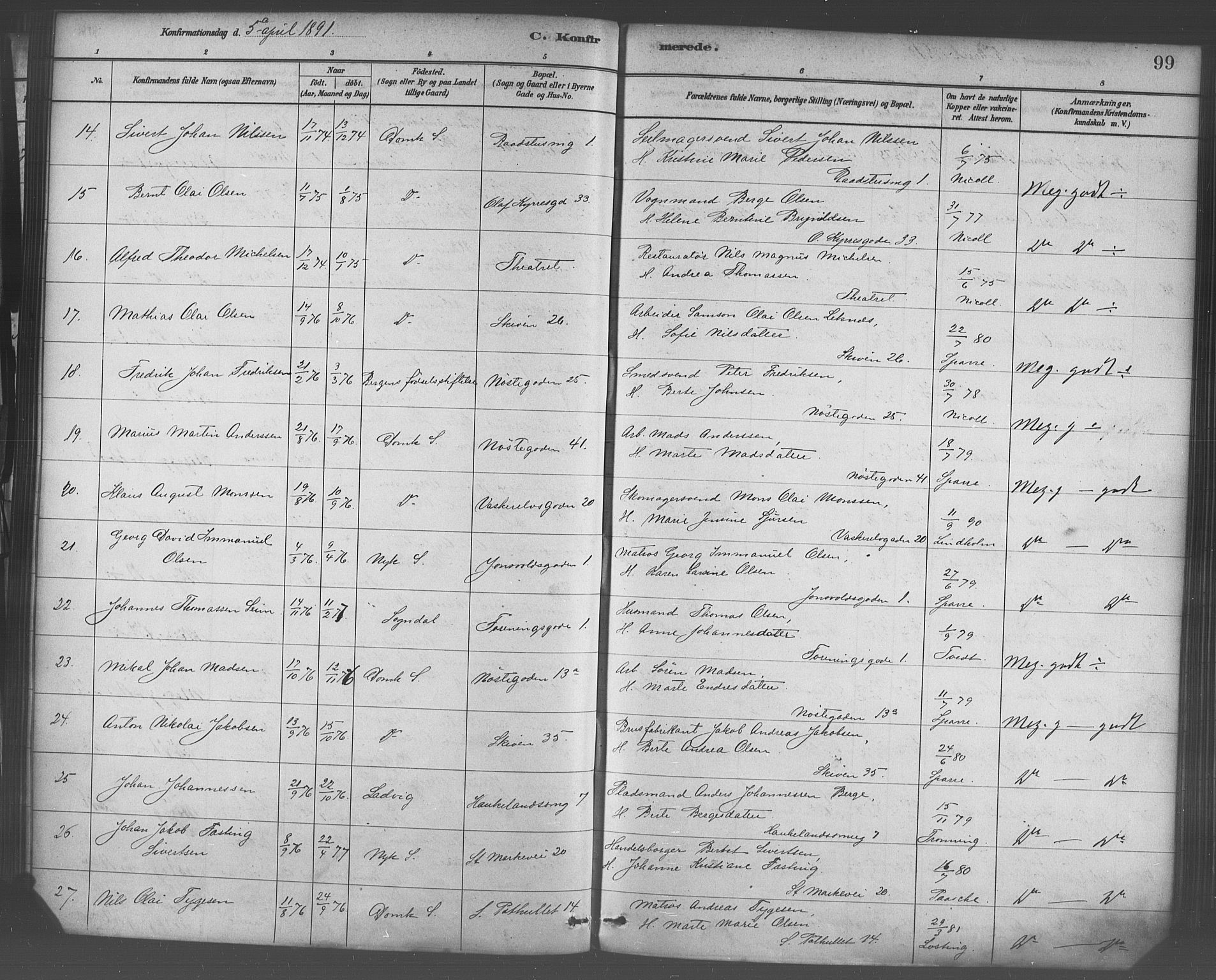 Domkirken sokneprestembete, AV/SAB-A-74801/H/Haa/L0030: Ministerialbok nr. C 5, 1880-1898, s. 99