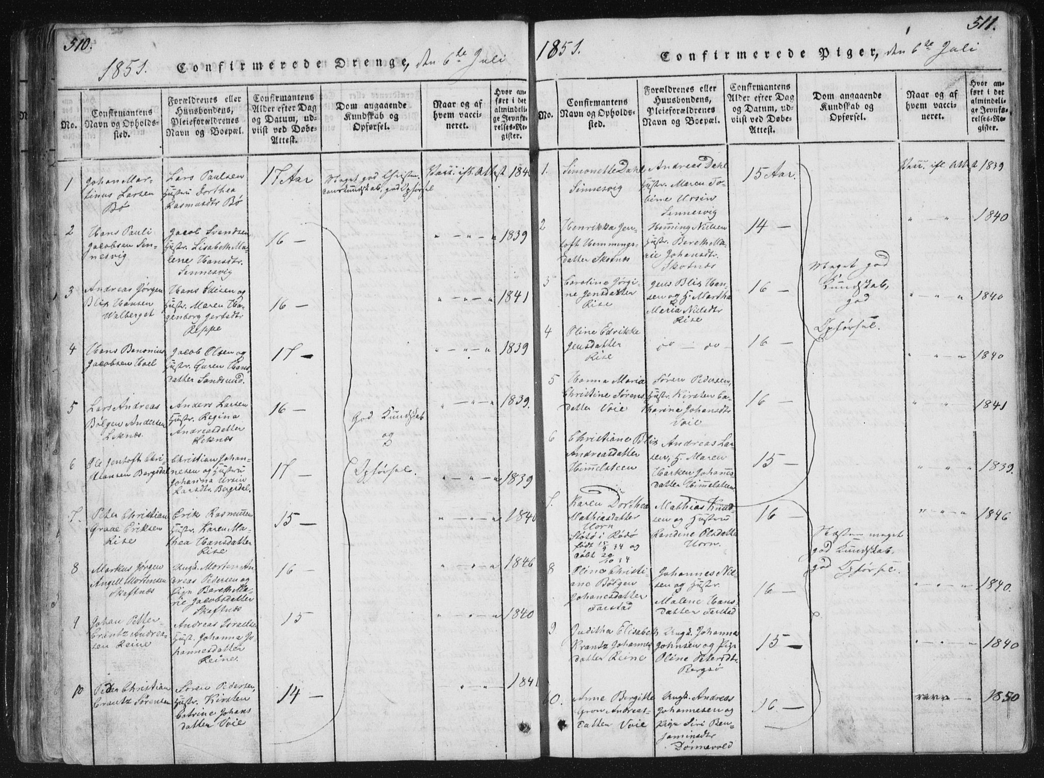 Ministerialprotokoller, klokkerbøker og fødselsregistre - Nordland, AV/SAT-A-1459/881/L1164: Klokkerbok nr. 881C01, 1818-1853, s. 510-511