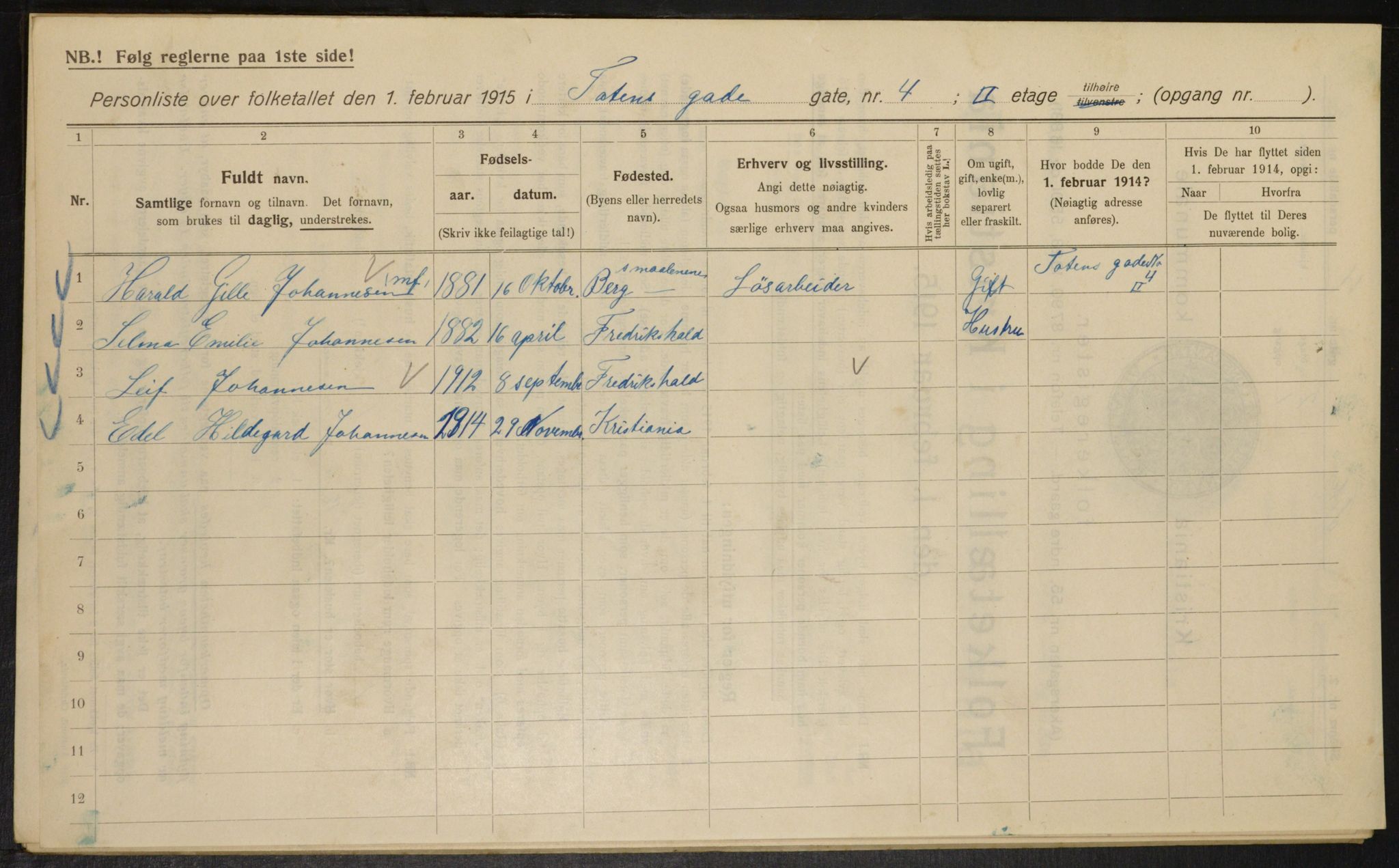 OBA, Kommunal folketelling 1.2.1915 for Kristiania, 1915, s. 115663