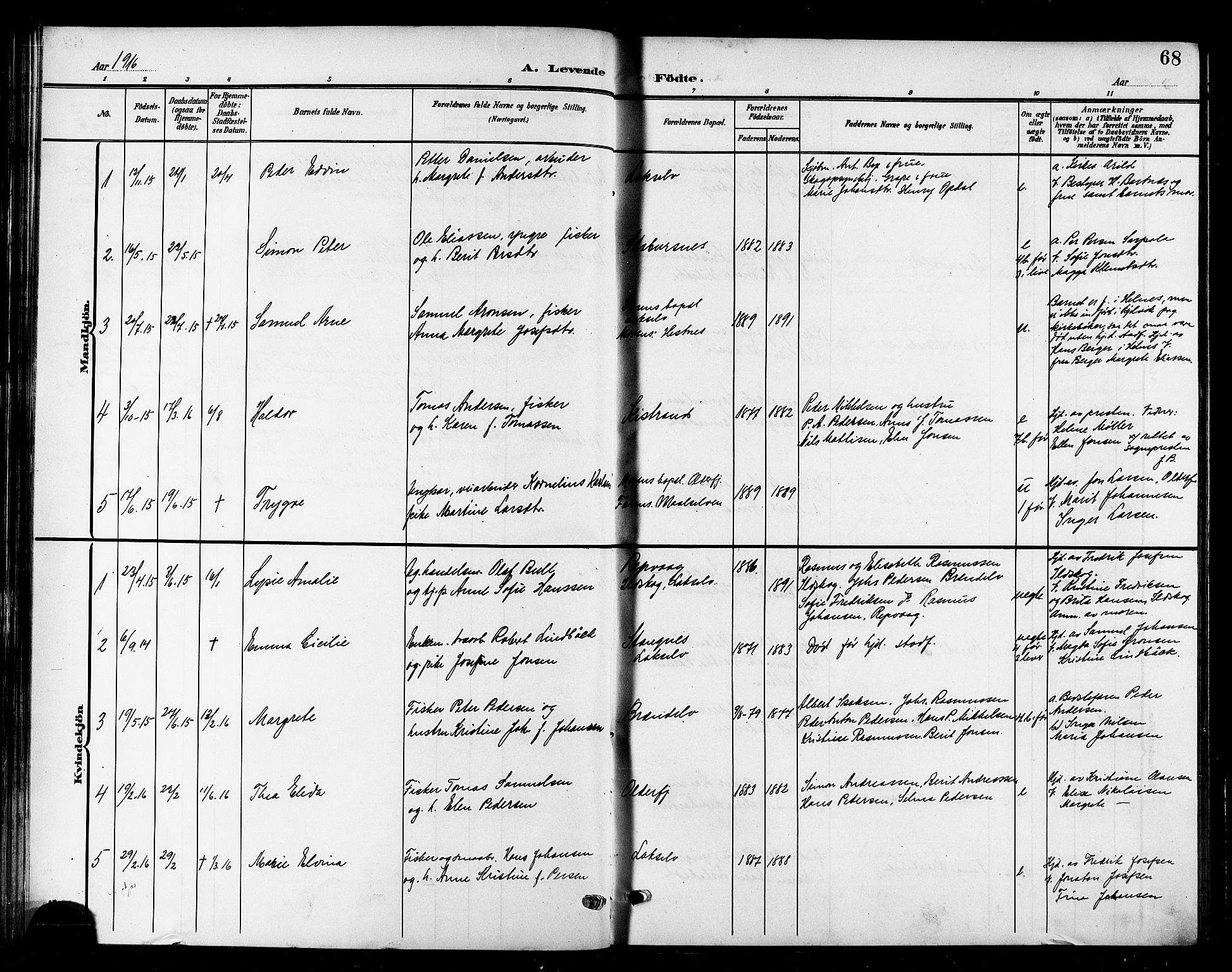Kistrand/Porsanger sokneprestembete, AV/SATØ-S-1351/H/Hb/L0006.klokk: Klokkerbok nr. 6, 1905-1917, s. 68