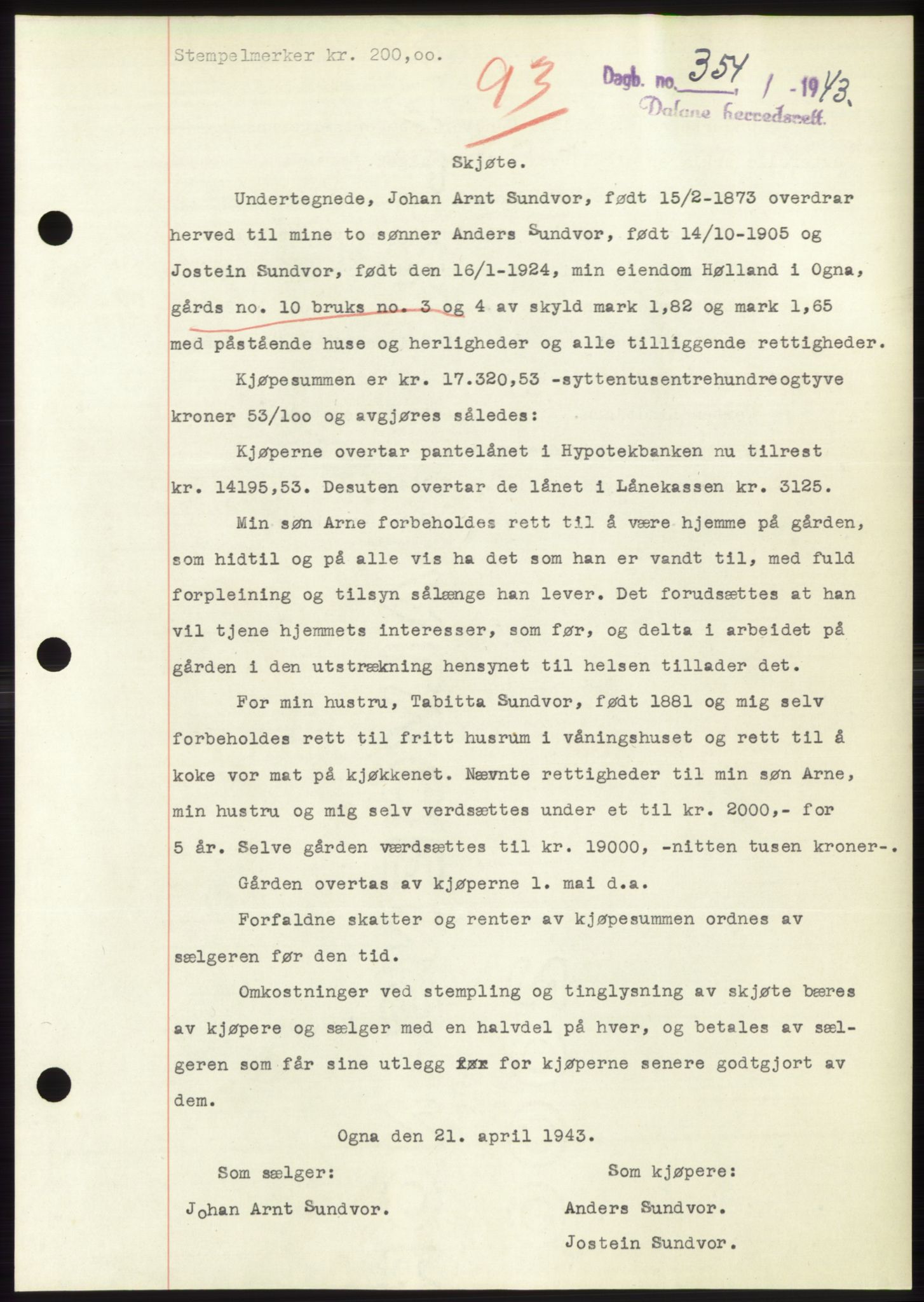 Dalane sorenskriveri, SAST/A-100309/02/G/Gb/L0058: Pantebok, 1926-1950, Tingl.dato: 21.04.1943