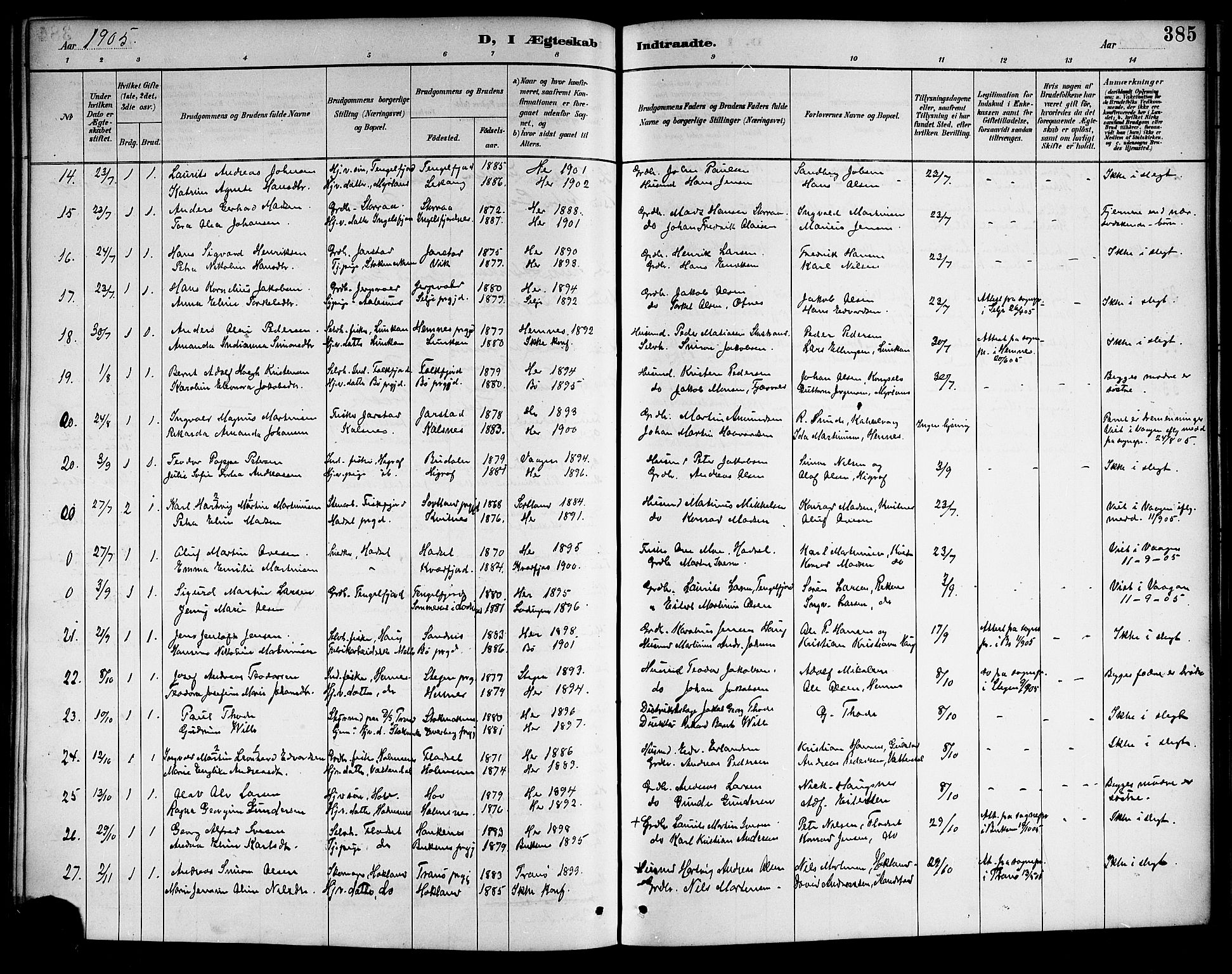 Ministerialprotokoller, klokkerbøker og fødselsregistre - Nordland, AV/SAT-A-1459/888/L1268: Klokkerbok nr. 888C06, 1891-1908, s. 385