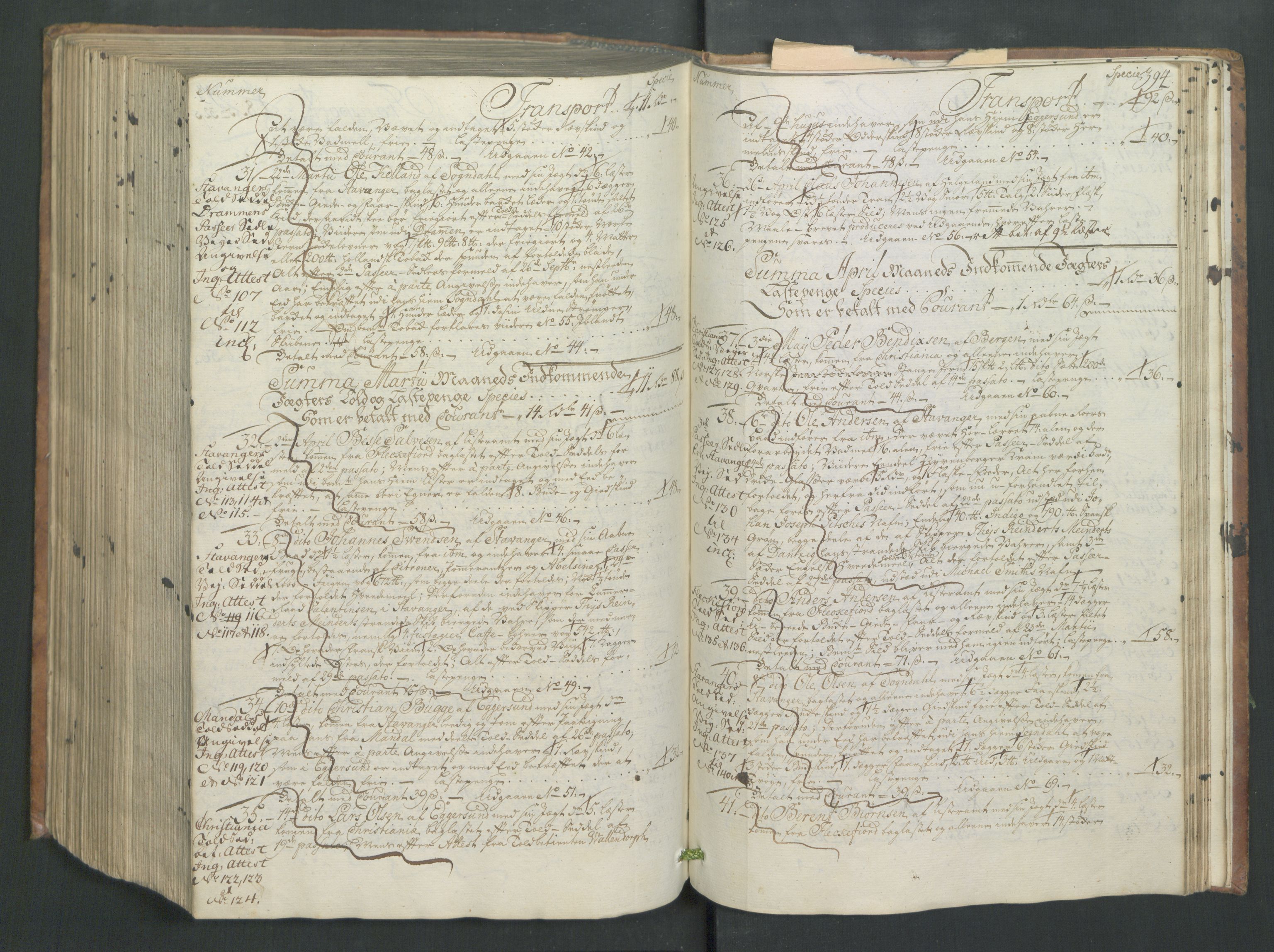 Generaltollkammeret, tollregnskaper, AV/RA-EA-5490/R26/L0065/0001: Tollregnskaper Bergen A / Inngående hovedtollbok, 1756, s. 393b-394a