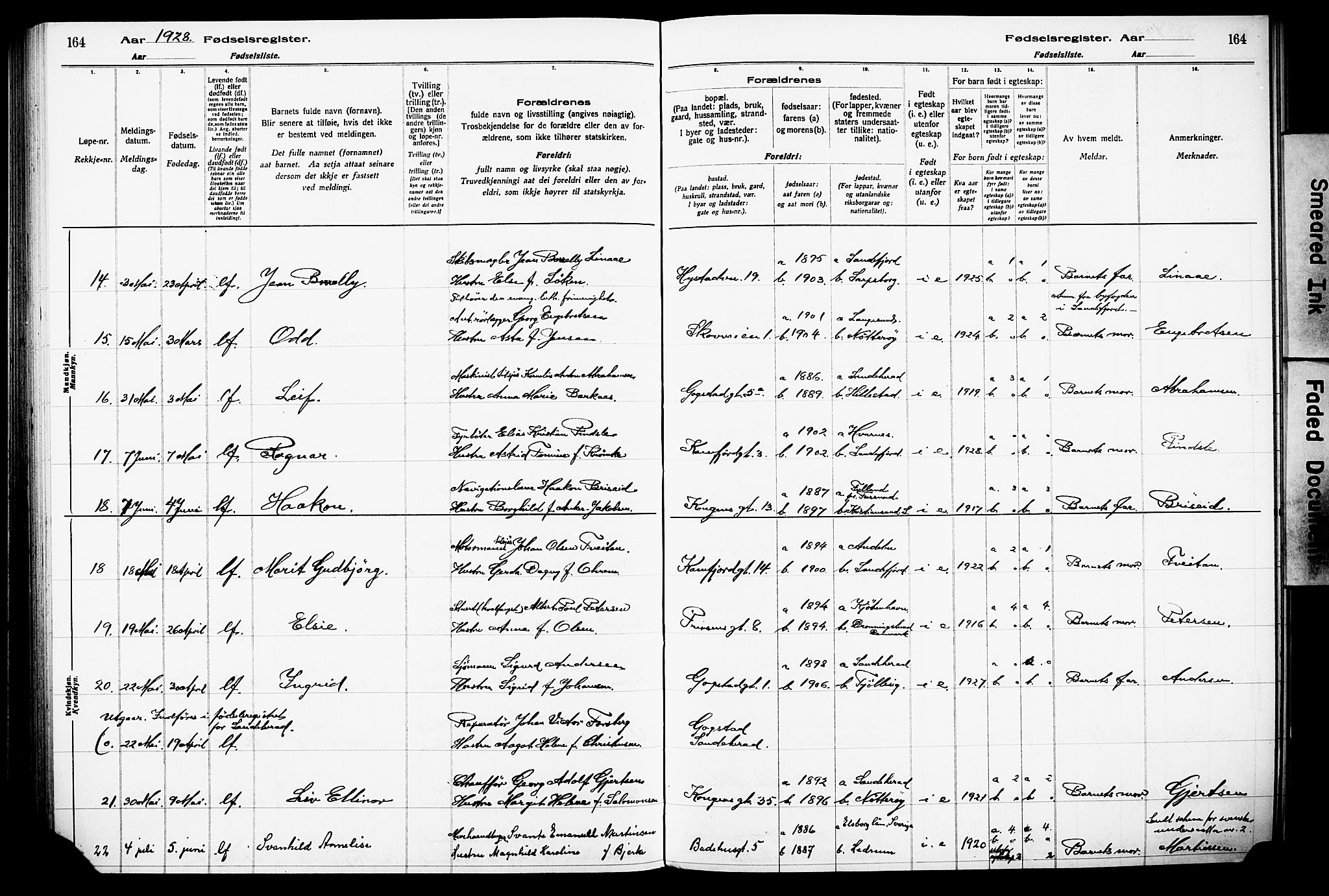 Sandefjord kirkebøker, AV/SAKO-A-315/J/Ja/L0001: Fødselsregister nr. 1, 1916-1932, s. 164