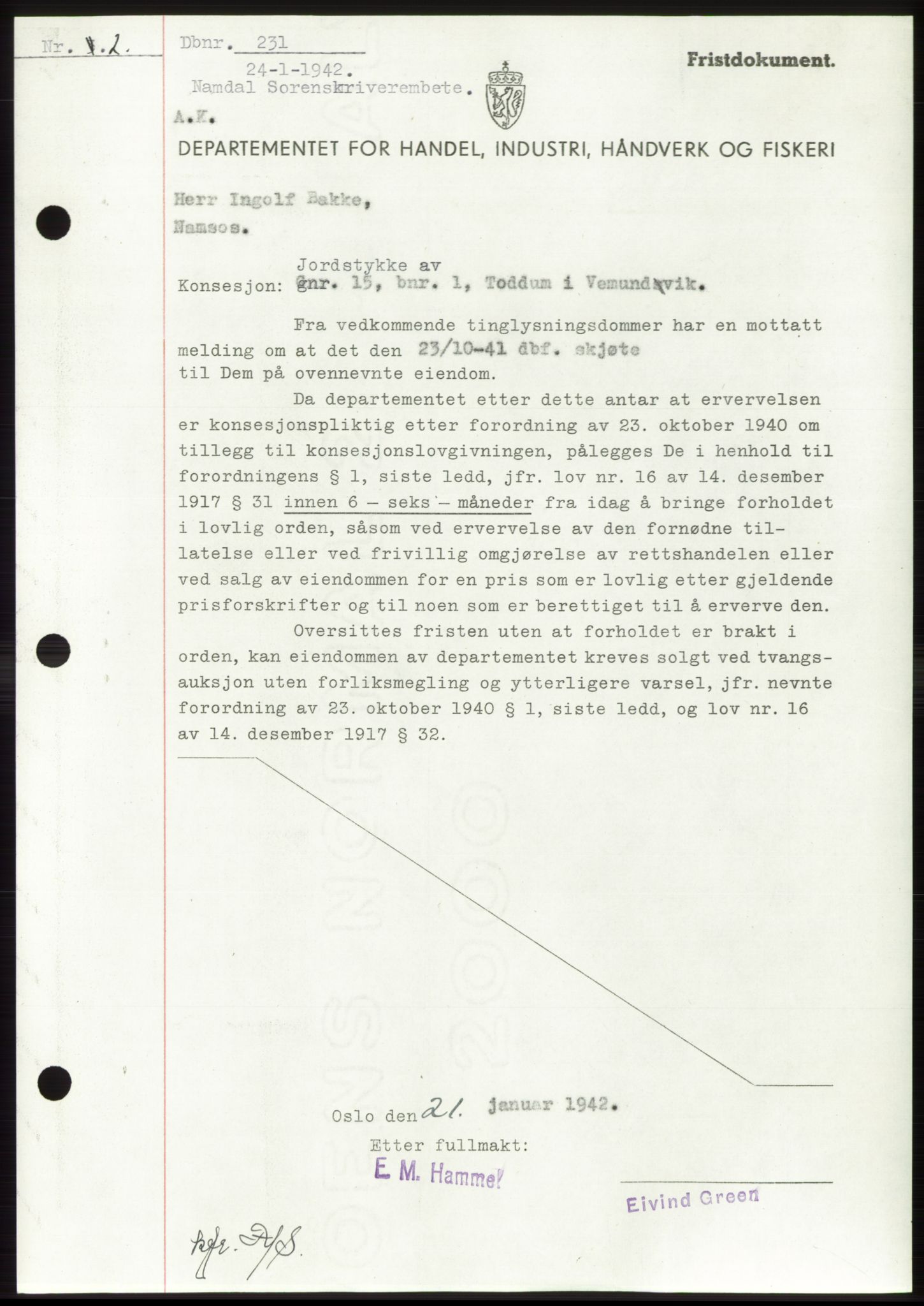Namdal sorenskriveri, SAT/A-4133/1/2/2C: Pantebok nr. -, 1941-1942, Dagboknr: 231/1942