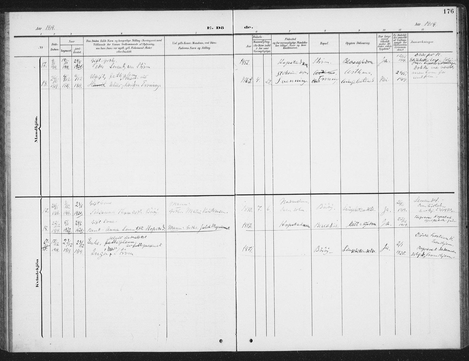 Ministerialprotokoller, klokkerbøker og fødselsregistre - Sør-Trøndelag, SAT/A-1456/657/L0709: Ministerialbok nr. 657A10, 1905-1919, s. 176