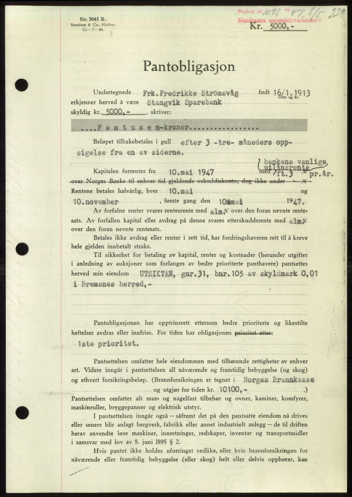 Nordmøre sorenskriveri, SAT/A-4132/1/2/2Ca: Pantebok nr. B96, 1947-1947, Dagboknr: 1028/1947