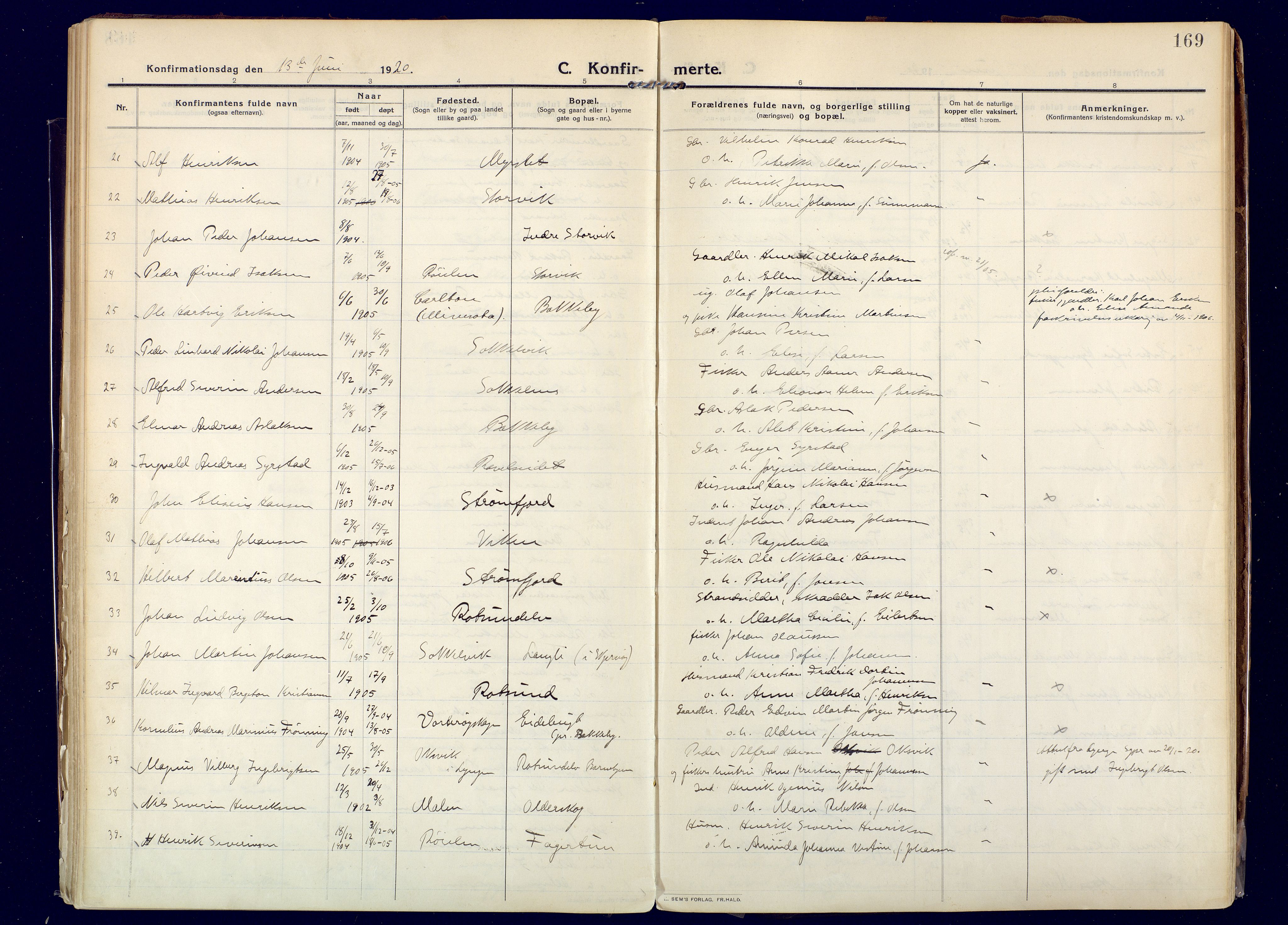 Skjervøy sokneprestkontor, AV/SATØ-S-1300/H/Ha/Haa: Ministerialbok nr. 20, 1911-1931, s. 169