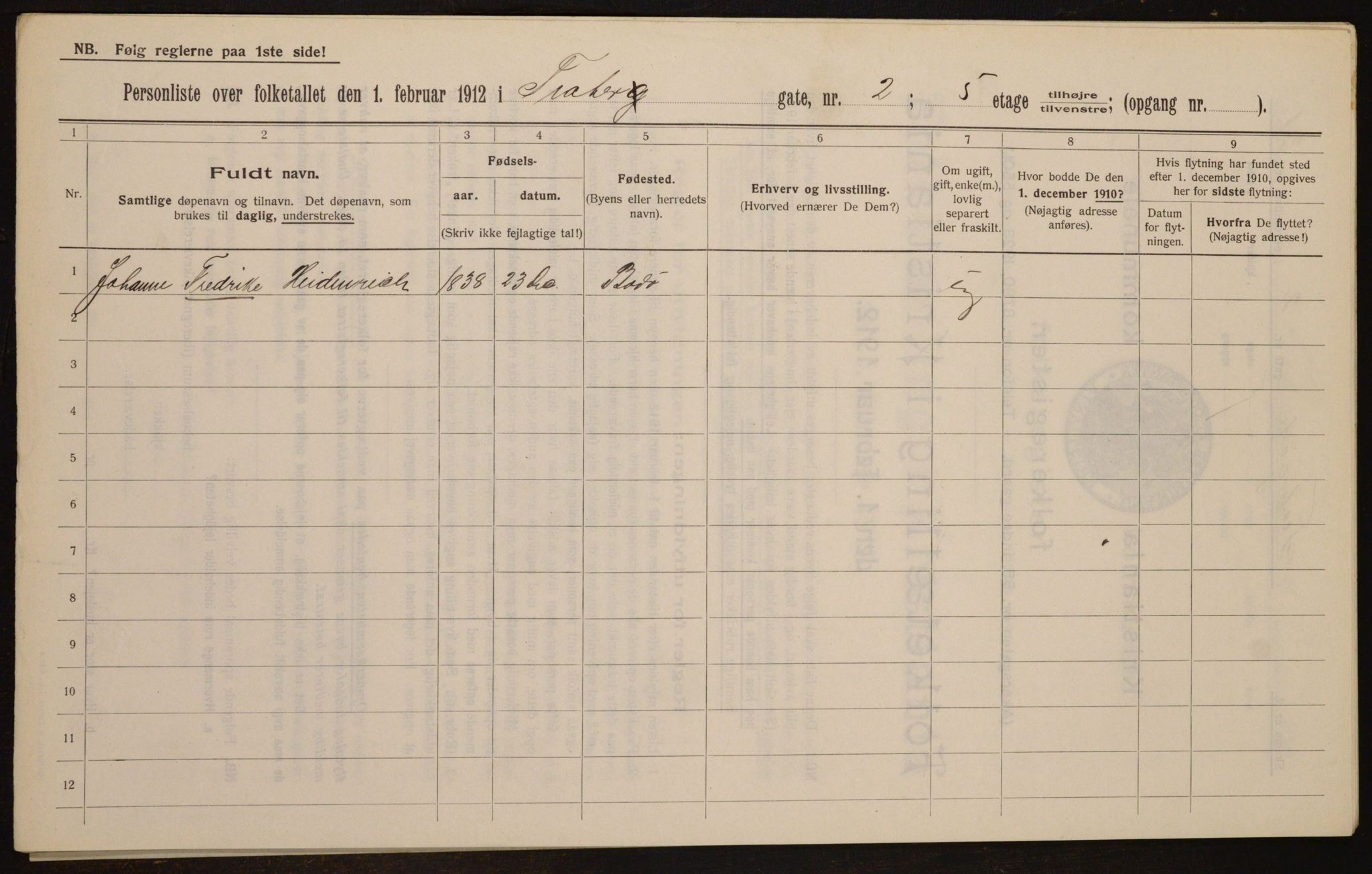 OBA, Kommunal folketelling 1.2.1912 for Kristiania, 1912, s. 107100