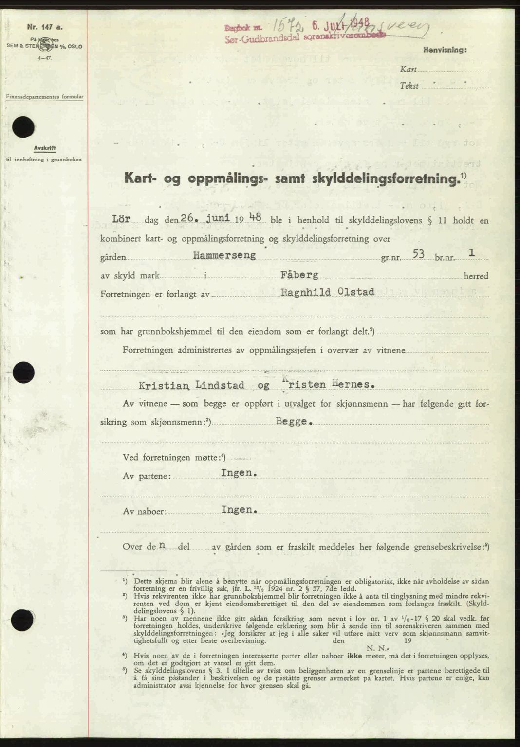 Sør-Gudbrandsdal tingrett, SAH/TING-004/H/Hb/Hbd/L0022: Pantebok nr. A22, 1948-1948, Dagboknr: 1572/1948