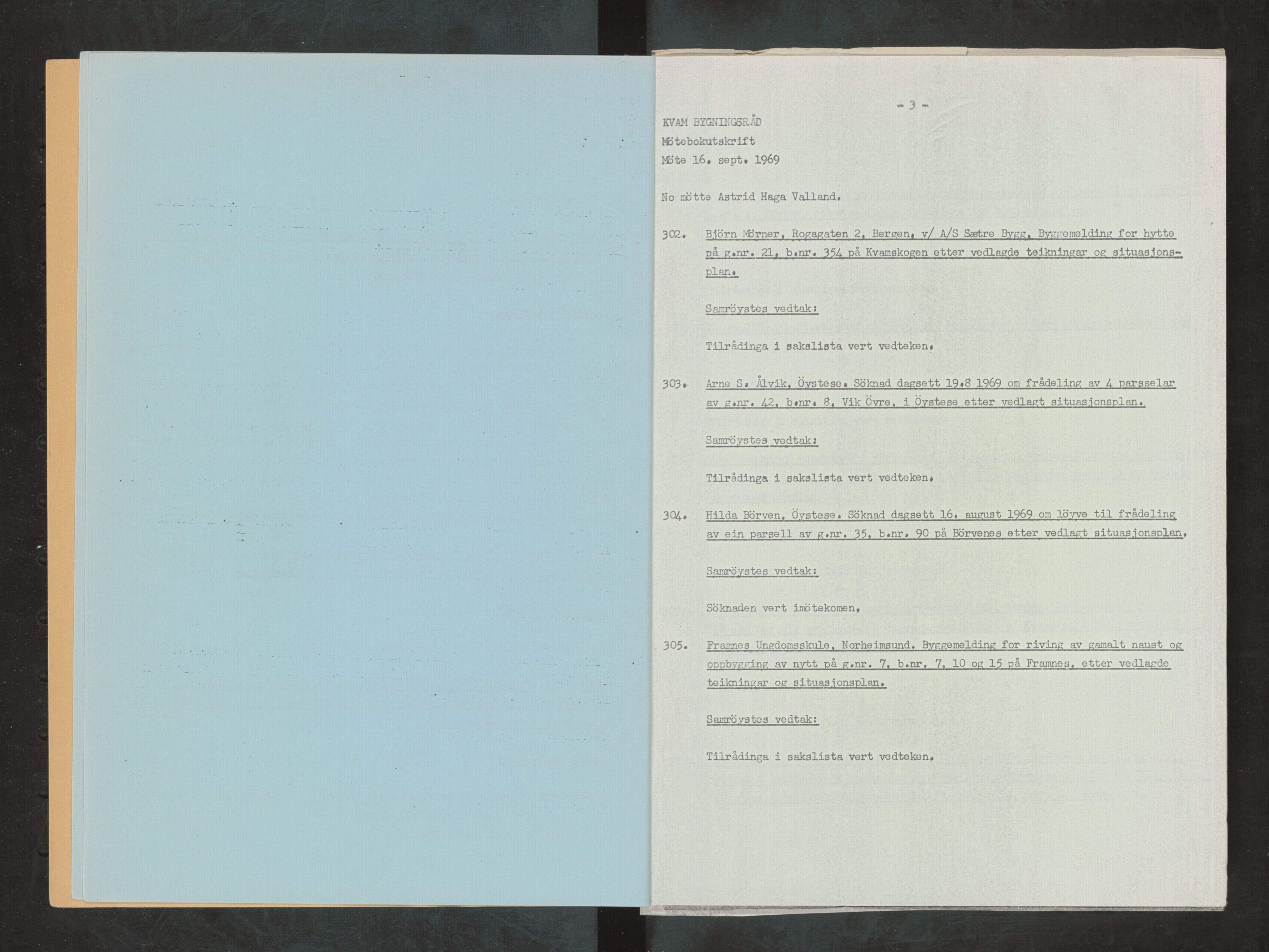 Kvam herad. Bygningsrådet, IKAH/1238-511/A/Ab/L0008: Utskrift av møtebok for Kvam bygningsråd, 1969