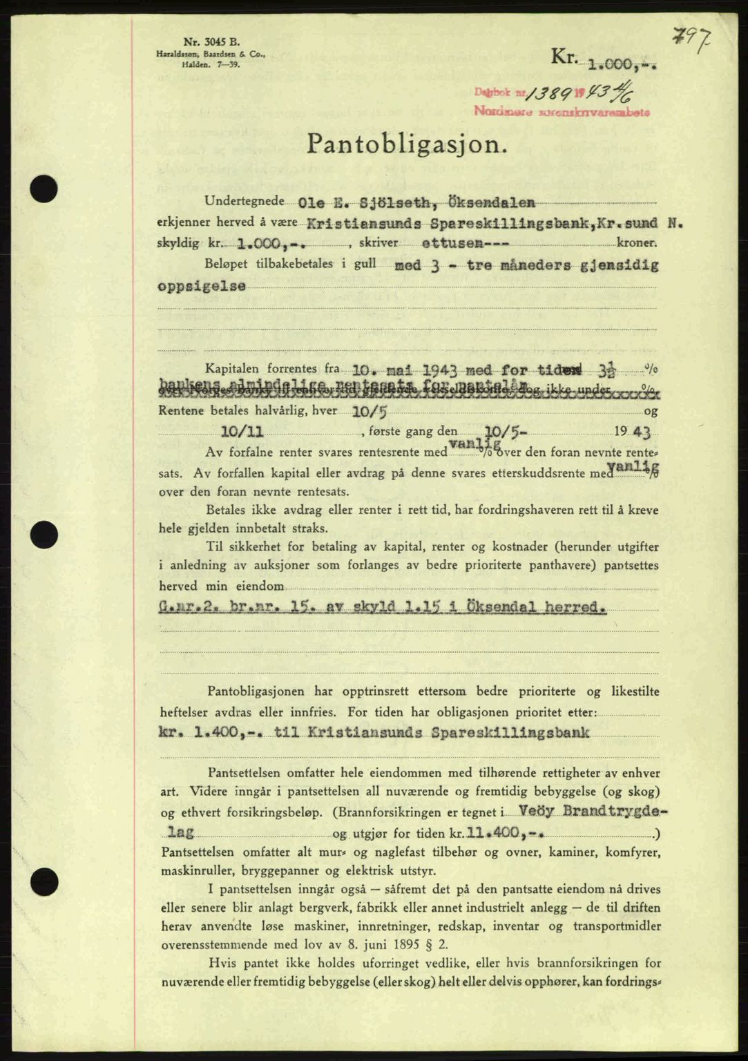 Nordmøre sorenskriveri, SAT/A-4132/1/2/2Ca: Pantebok nr. B90, 1942-1943, Dagboknr: 1389/1943