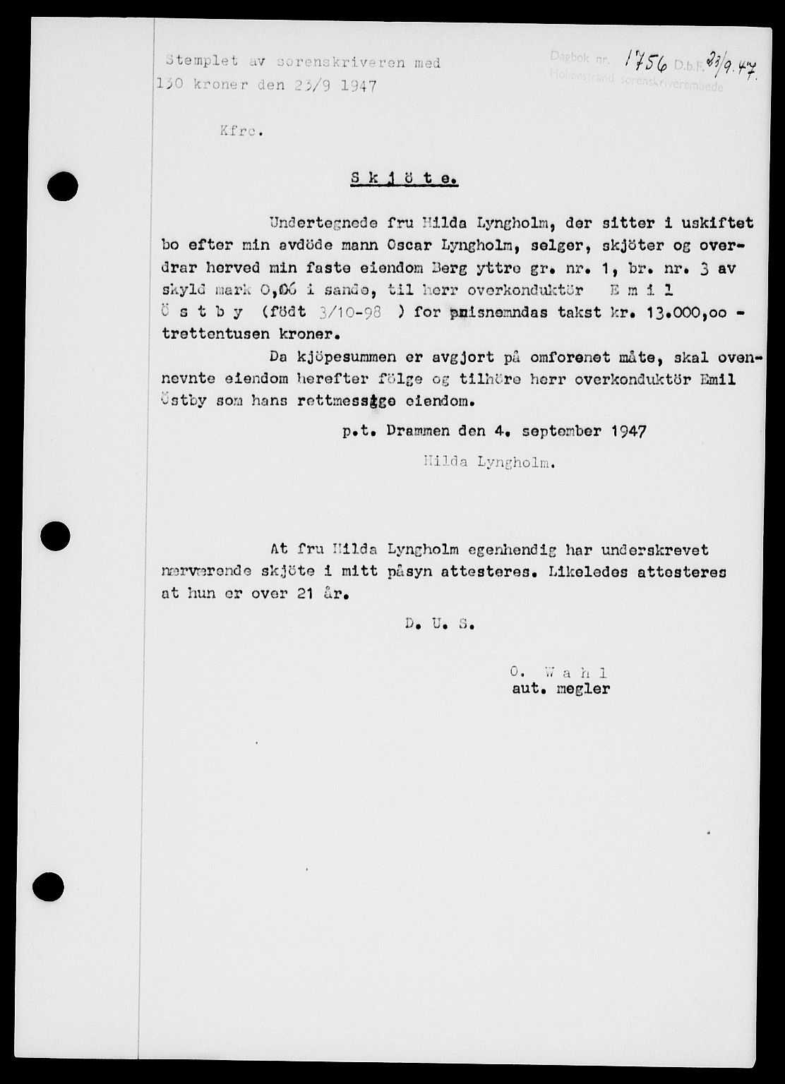 Holmestrand sorenskriveri, SAKO/A-67/G/Ga/Gaa/L0062: Pantebok nr. A-62, 1947-1947, Dagboknr: 1756/1947