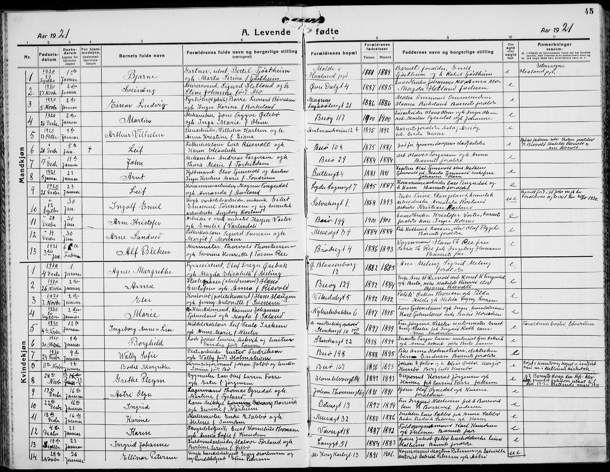 St. Petri sokneprestkontor, SAST/A-101813/001/30/30BB/L0011: Klokkerbok nr. B 11, 1917-1940, s. 45