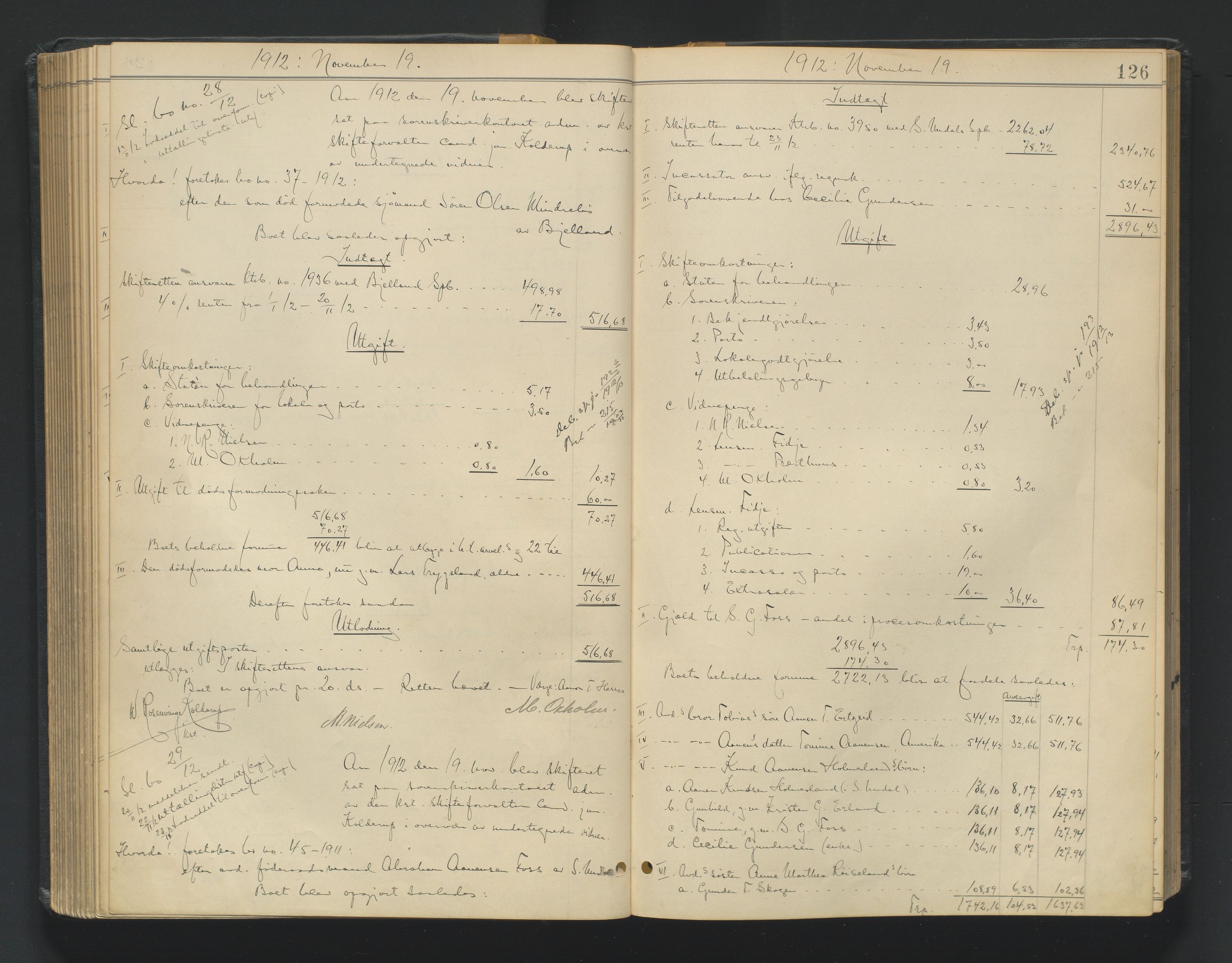 Mandal sorenskriveri, SAK/1221-0005/001/H/Hc/L0098: Skifteutlodningsprotokoll nr 7, 1910-1917, s. 126
