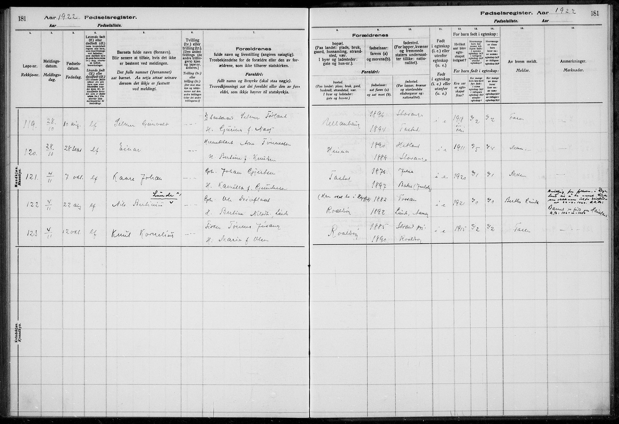 Hetland sokneprestkontor, AV/SAST-A-101826/70/704BA/L0003: Fødselsregister nr. 1, 1916-1923, s. 181