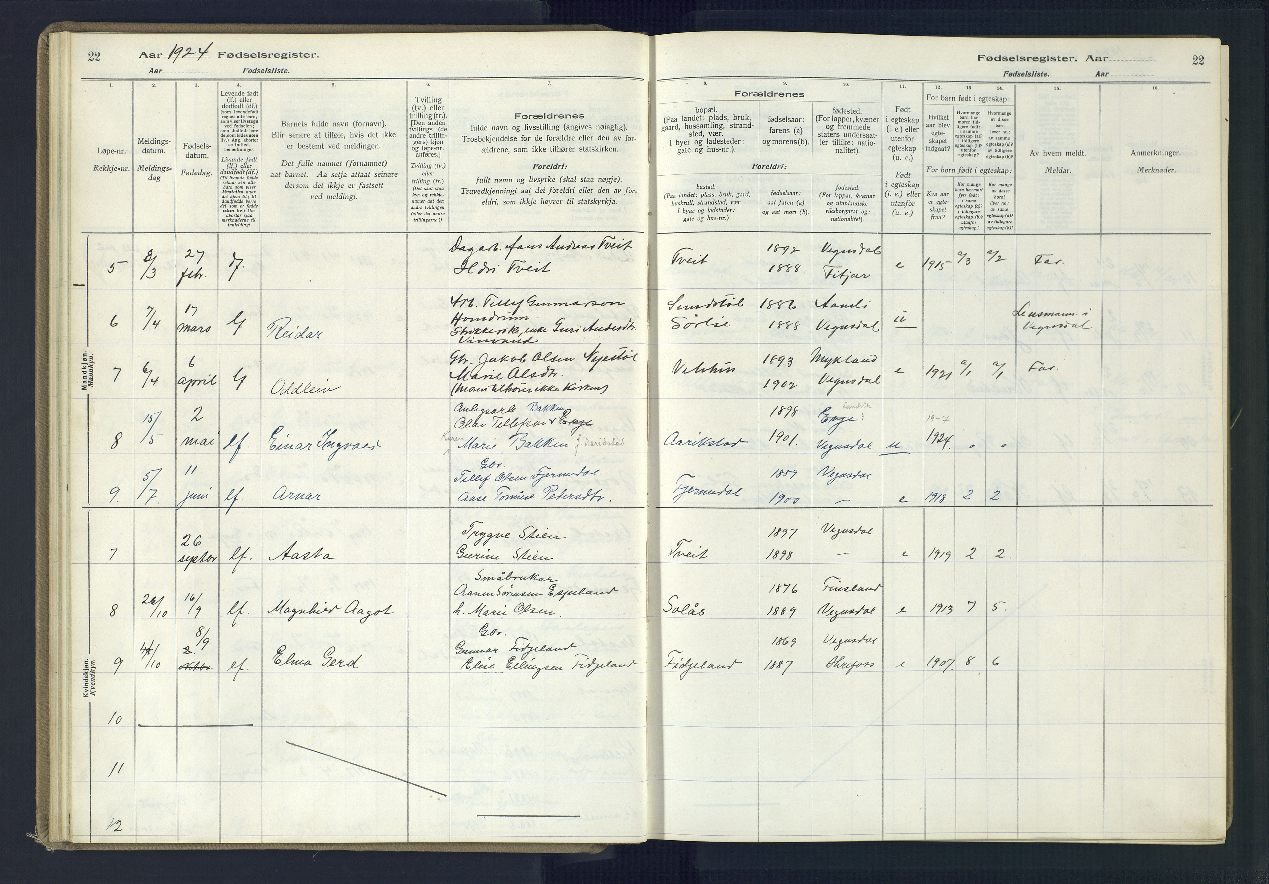 Herefoss sokneprestkontor, AV/SAK-1111-0019/J/Ja/L0002: Fødselsregister nr. II.6.11, 1916-1982, s. 22