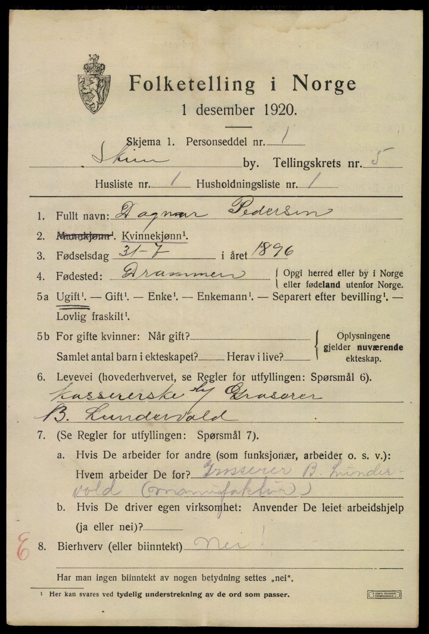 SAKO, Folketelling 1920 for 0806 Skien kjøpstad, 1920, s. 19490