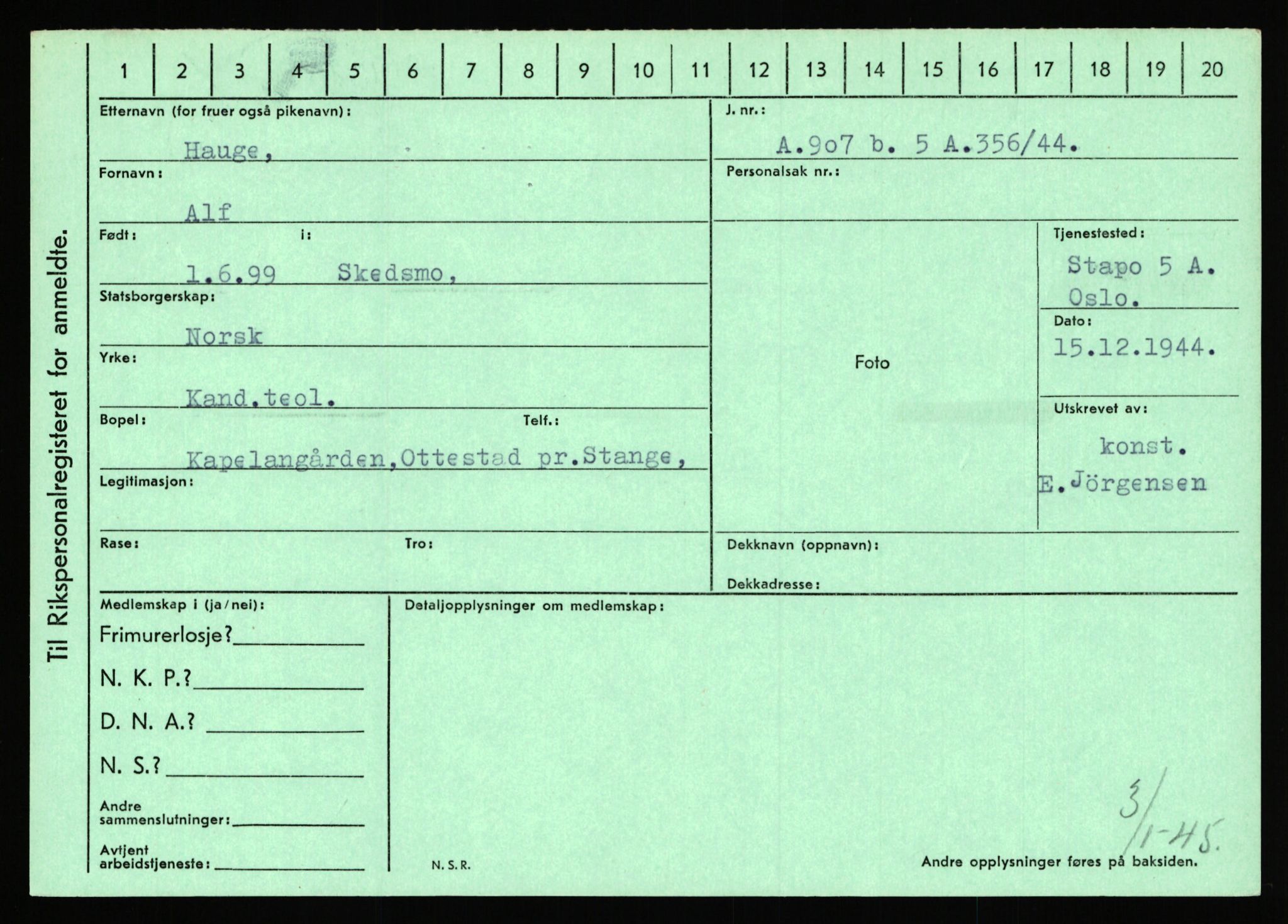 Statspolitiet - Hovedkontoret / Osloavdelingen, AV/RA-S-1329/C/Ca/L0006: Hanche - Hokstvedt, 1943-1945, s. 2229