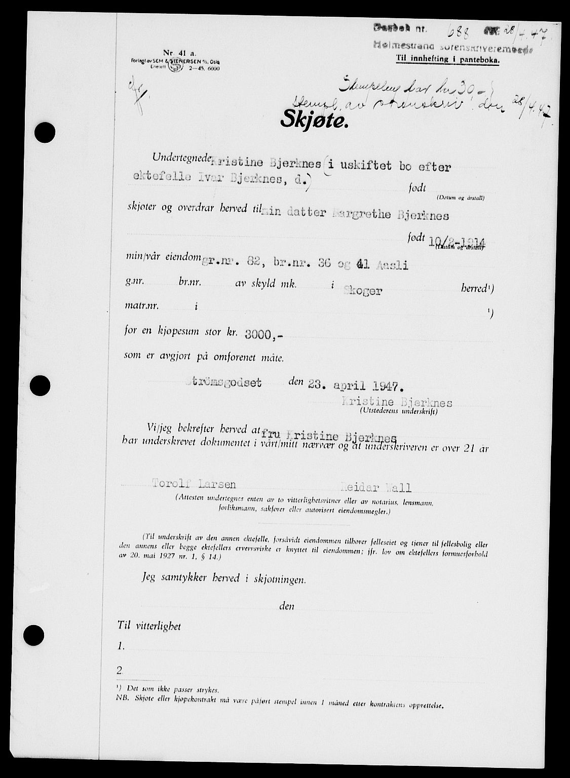 Holmestrand sorenskriveri, SAKO/A-67/G/Ga/Gaa/L0062: Pantebok nr. A-62, 1947-1947, Dagboknr: 688/1947